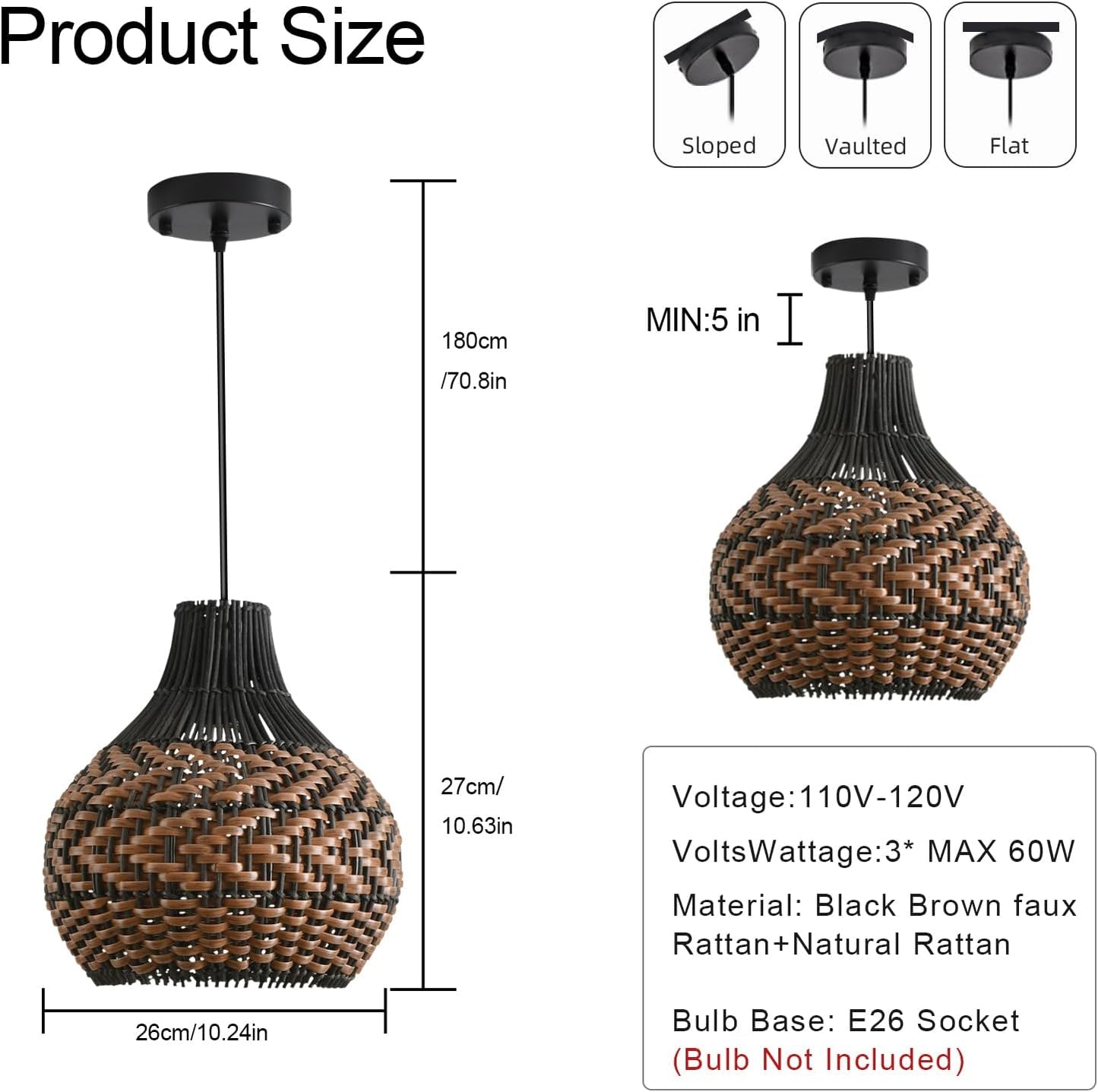 3-Pack Rattan Pendant Light 10.24" Hand-Woven Black Brown Fax Rattan Basket Chandelier Mini Boho Wicker Hanging Lamp for Dining Living Bedroom Kitchen Farmhouse