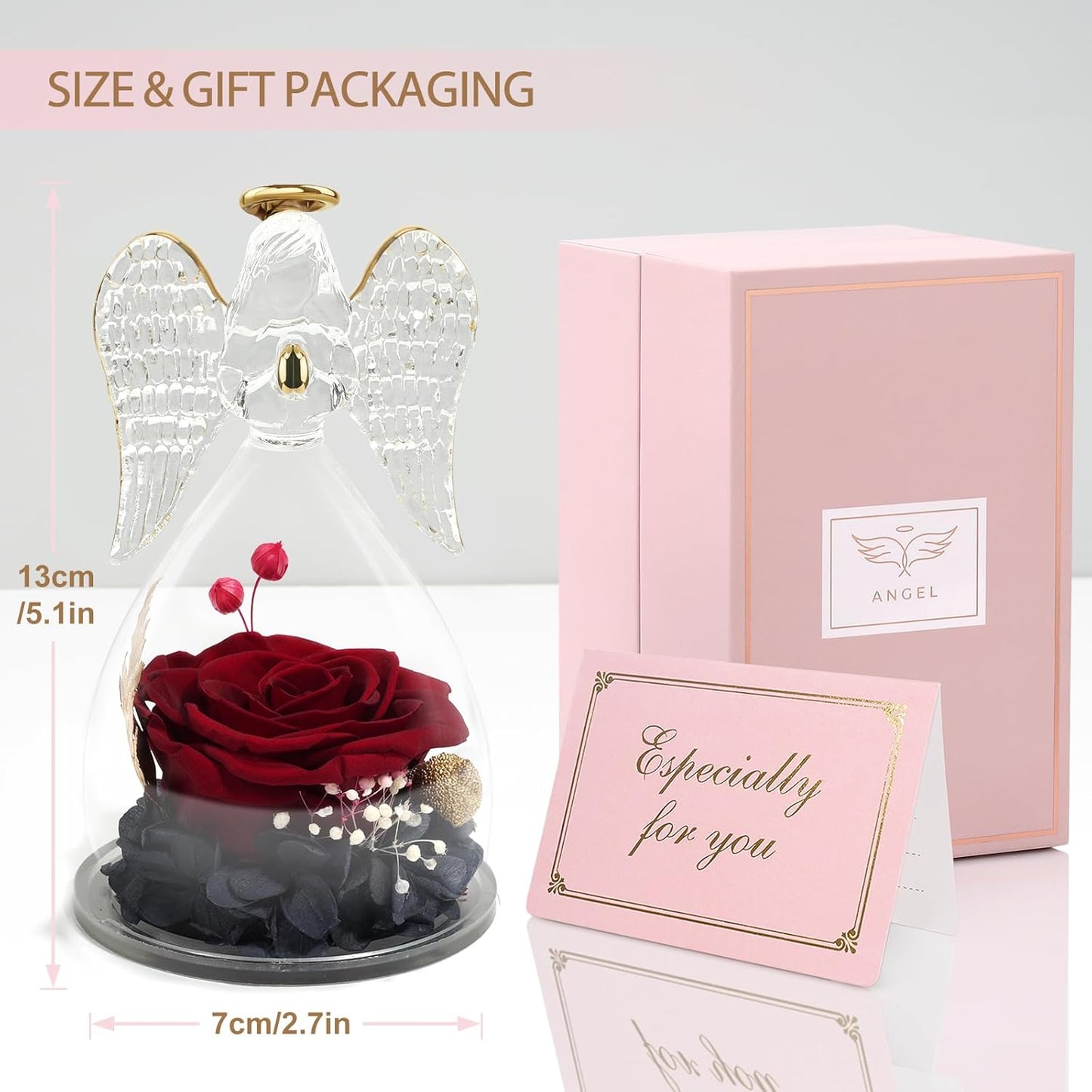 Yamonic Mom Birthday Gifts for Mom, Angel Figurines with Real Rose Gifts for Her Mom Grandma, Angel Preserved Flowers Rose for Mothers Day Christmas Anniversary Birthday Gifts for Women(WineRed)