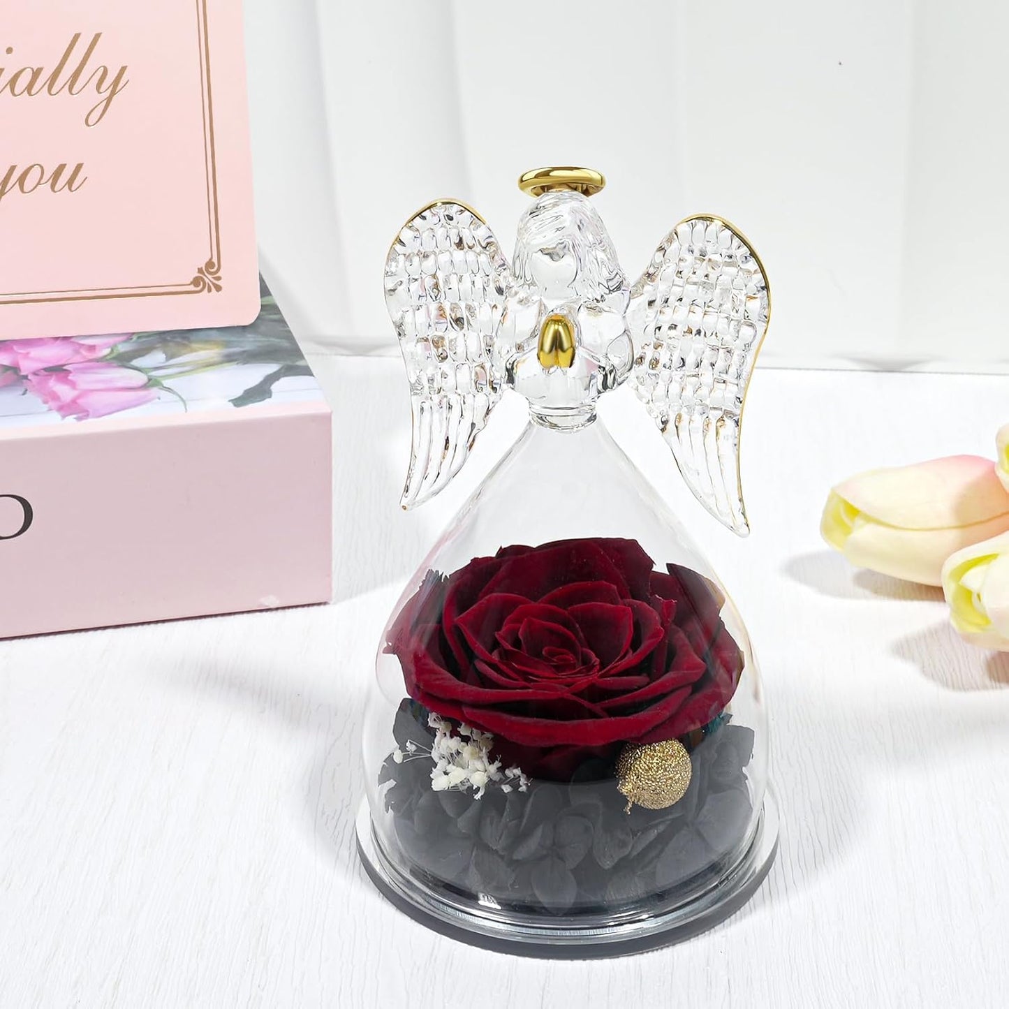 Yamonic Mom Birthday Gifts for Mom, Angel Figurines with Real Rose Gifts for Her Mom Grandma, Angel Preserved Flowers Rose for Mothers Day Christmas Anniversary Birthday Gifts for Women(WineRed)