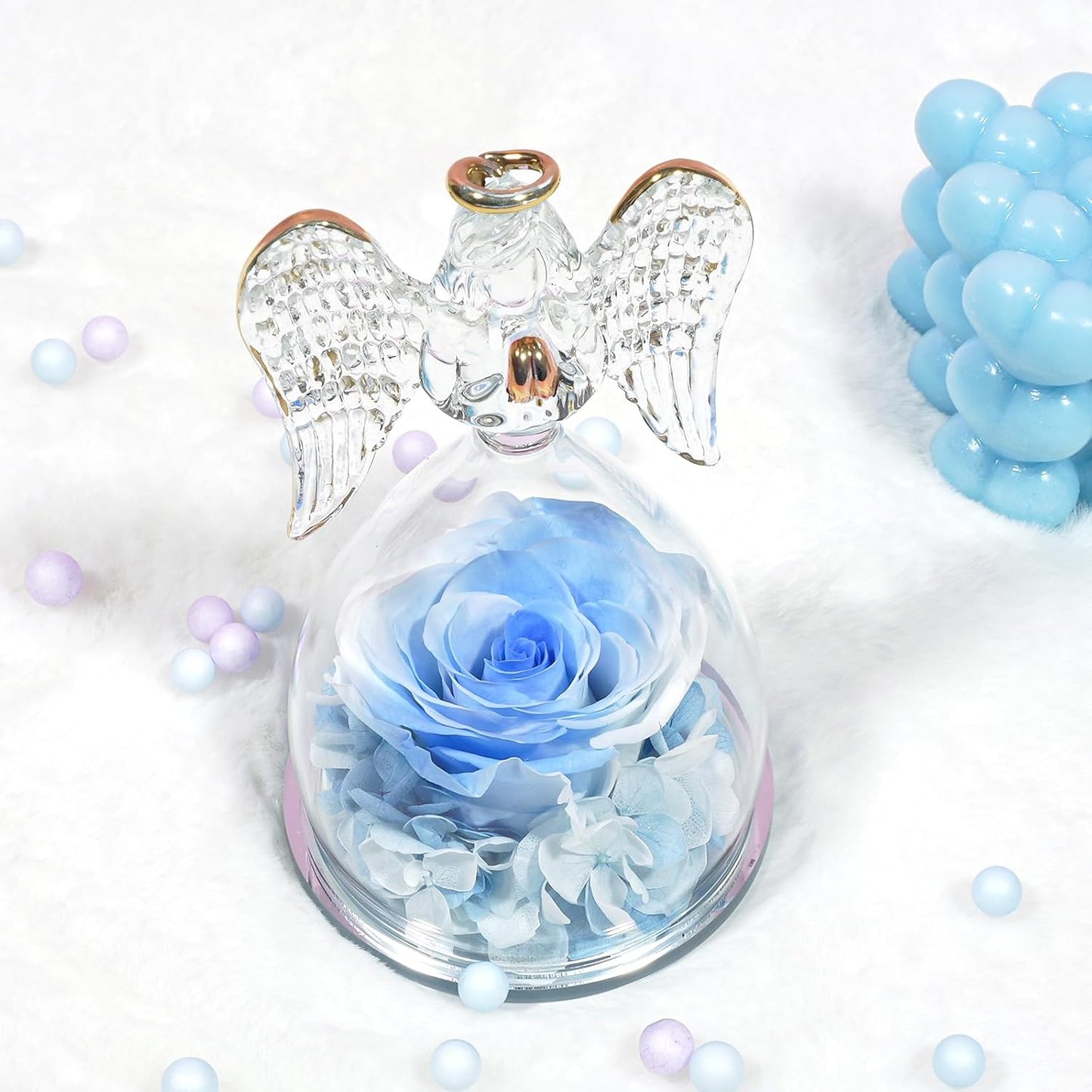 Yamonic Birthday Gifts for Mom Women, Angel Figurines with Real Rose Gifts for Her Mom Grandma, Mothers Day Preserved Flowers Rose for Christmas Valentine's Day (White+Blue)