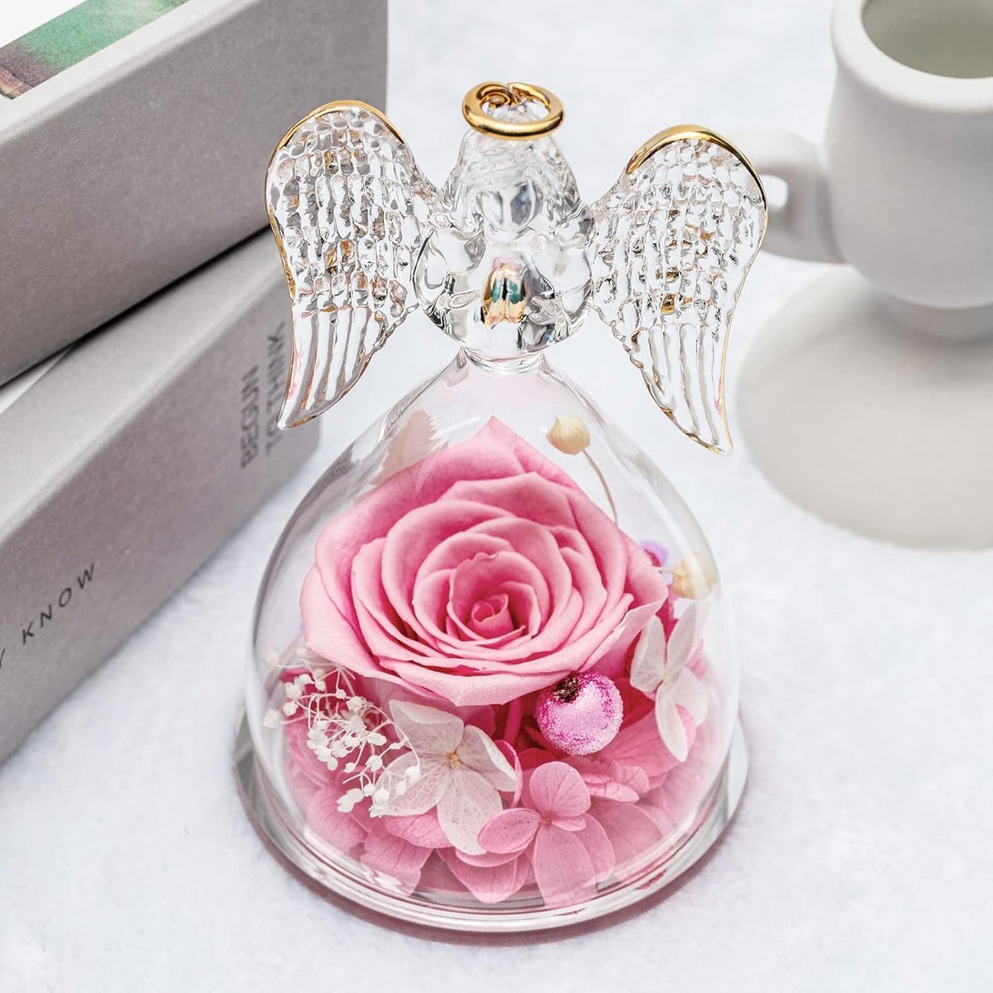 Yamonic Mom Birthday Gifts for Mom, Angel Figurines with Real Rose Gifts for Her Mom Grandma,Preserved Flowers Rose Angel Figurines for Mothers Day Christmas Anniversary Birthday Gifts for Her (Pink)