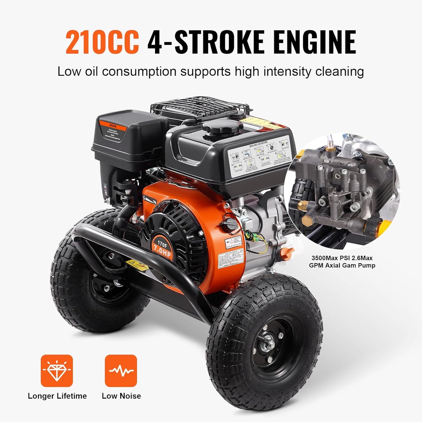 VEVOR Gas Pressure Washer, 3500 PSI 2.6 GPM, Gas Powered Pressure Washer with Aluminum Pump, Spray Gun and Extension Wand, 5 Nozzle Set, for Cars, Fences, Homes, Driveways, Patios Furniture Horizontal