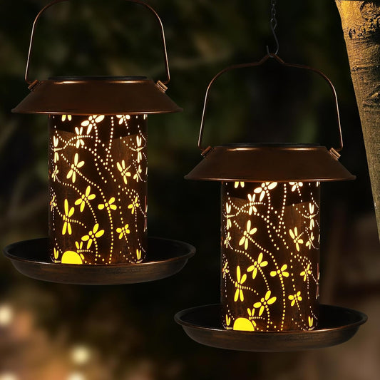 Bird Feeders for Outdoors Dragonfly Solar Lanterns Outdoor Waterproof Garden Decor Gifts for Women Mom Grandma Metal Solar Decoration Outside LED Lanterns for Yard, Patio, Lawn, Pathway(2 Pack)