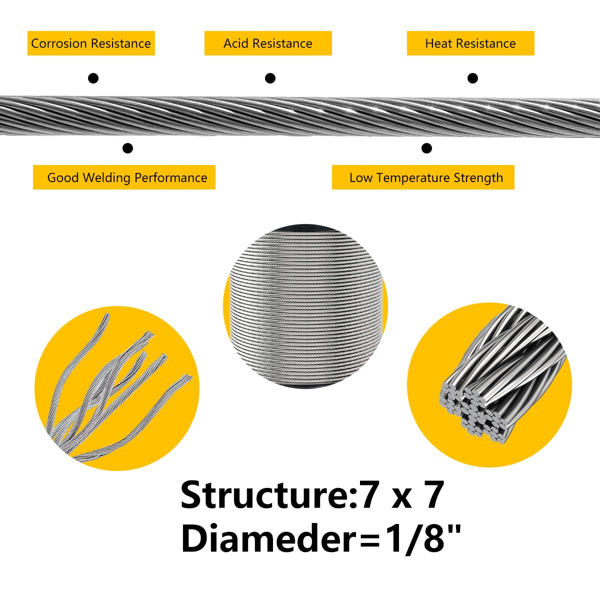 500FT 1/8" T316 Stainless Steel Cable with Cutter, 7x7 Strands Aircraft Wire Rope for Deck Railing, Stair Handrail, Porch Fence, High Strength for Indoor and Outdoor Use