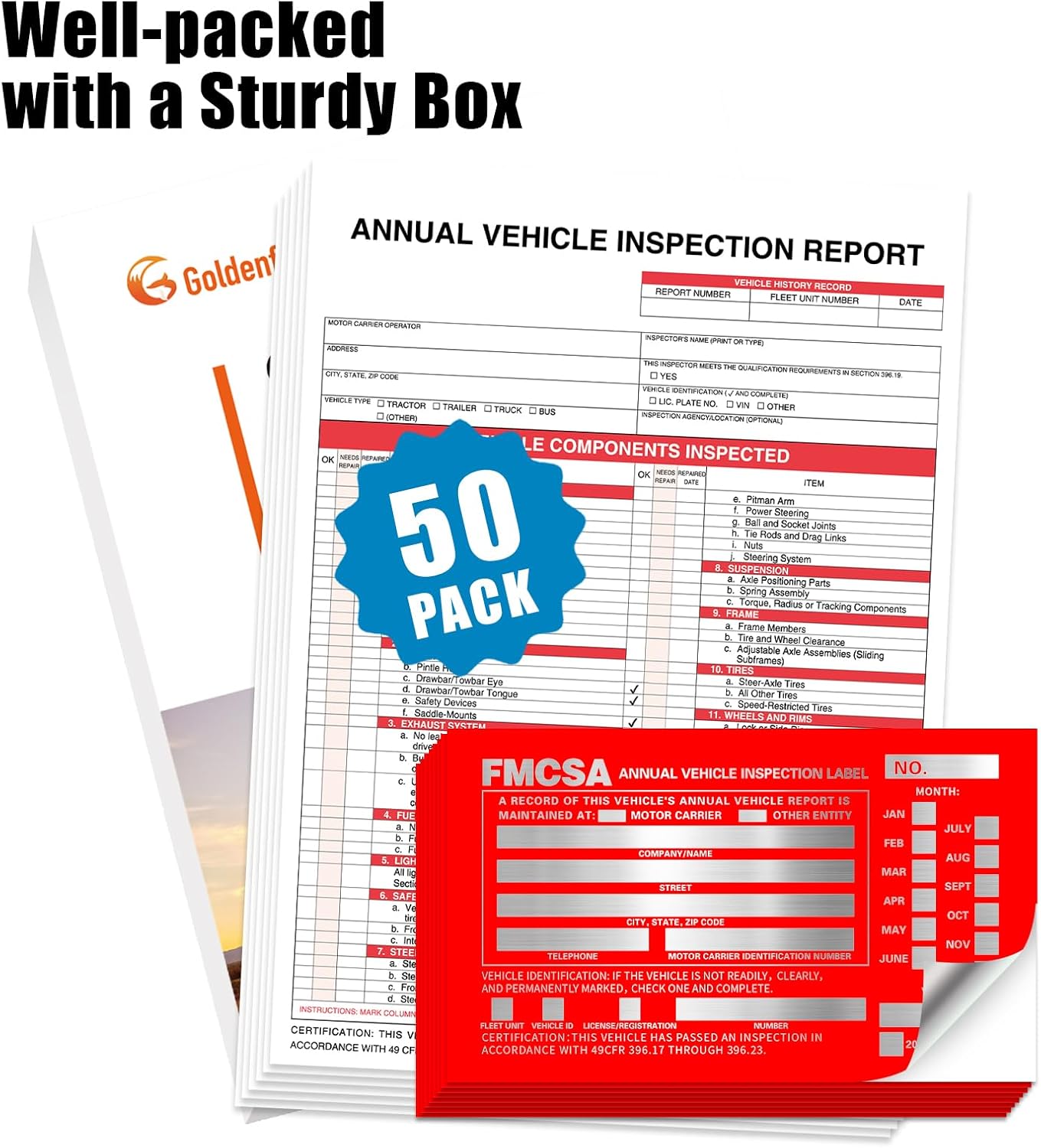 Goldenfox DOT Inspection Forms and Stickers,50-Pack,3-Ply Carbonless Annual Vehicle Inspection Report Form(8.5" x 11.75) with Red Exterior Aluminum Inspection Label(6"x3.5"), Permanent Adhesive.
