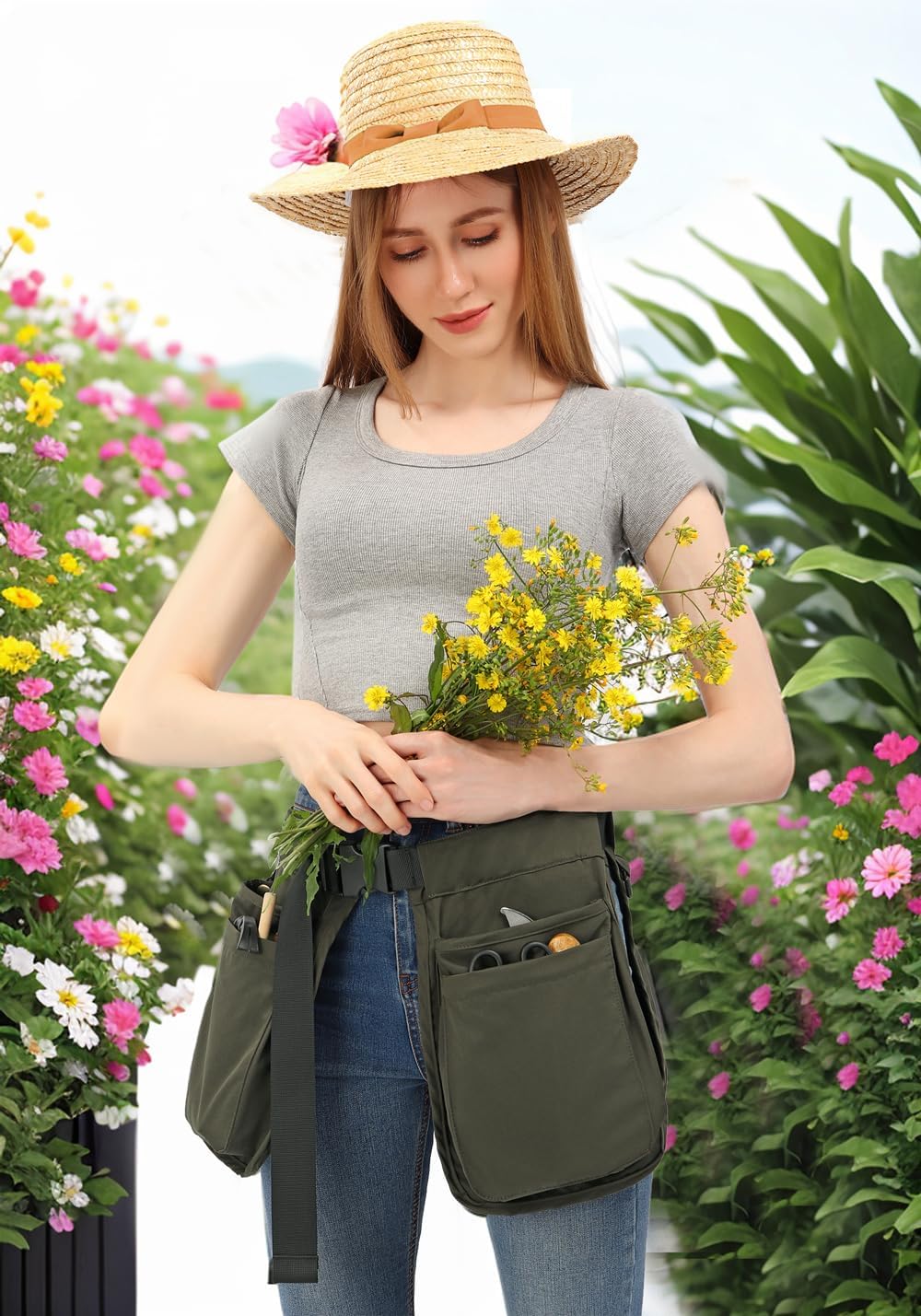 C-ZOFEK Multi-pocket Waist Belt Apron Bag for Women/Men, Garden Tools for Gardener, Green