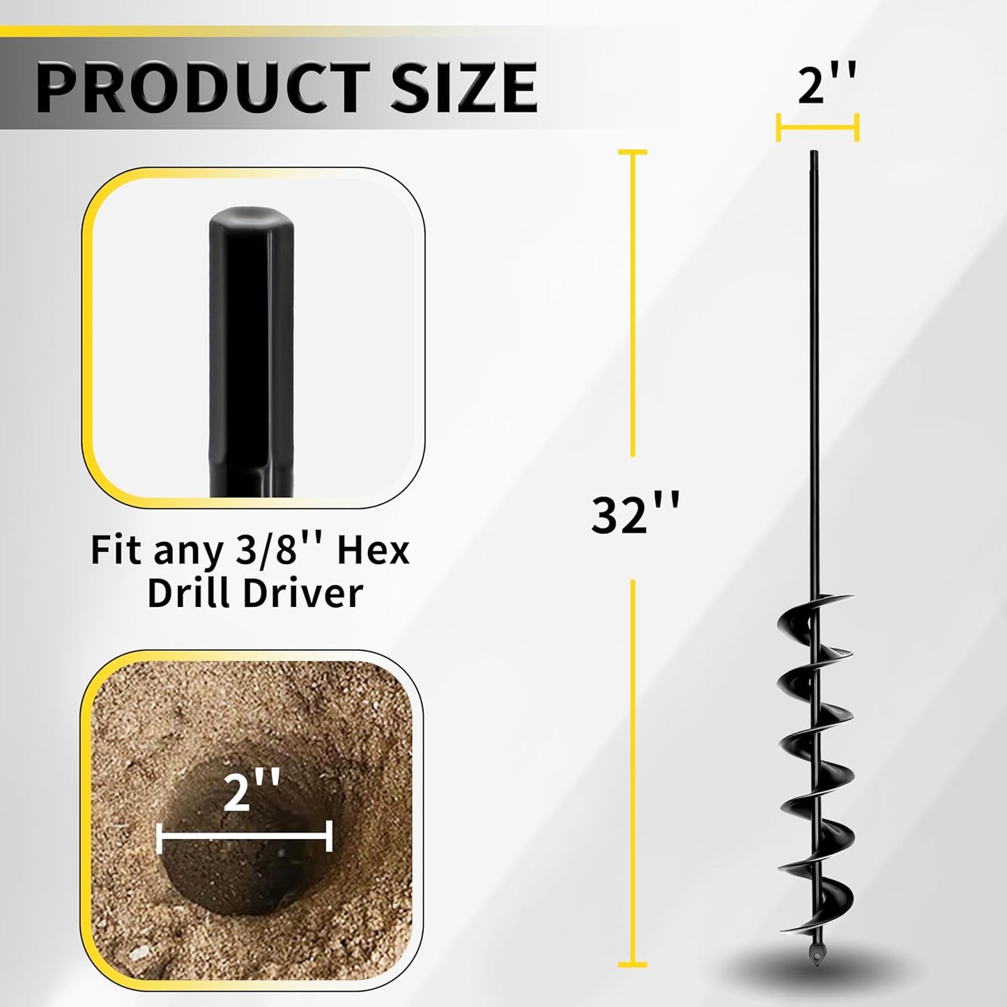 2”x32“ Auger Drill Bit for Planting, Heavy-Duty Planting Auger for Bulbs, Post Hole Digger for 3/8”Hex Drive Drill