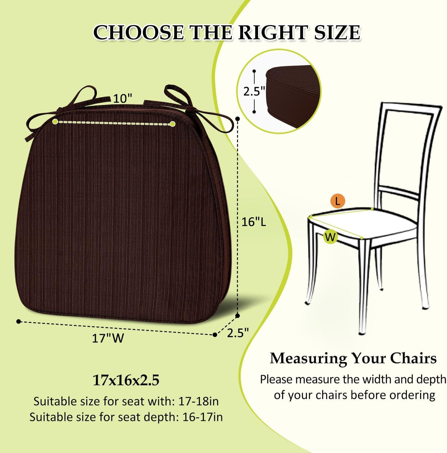 Chair Cushions for Dining Chairs, Indoor Chair Cushions with Ties，Waterproof Chair Pads Set of 4, Brown, 17x16x2.5 Inch