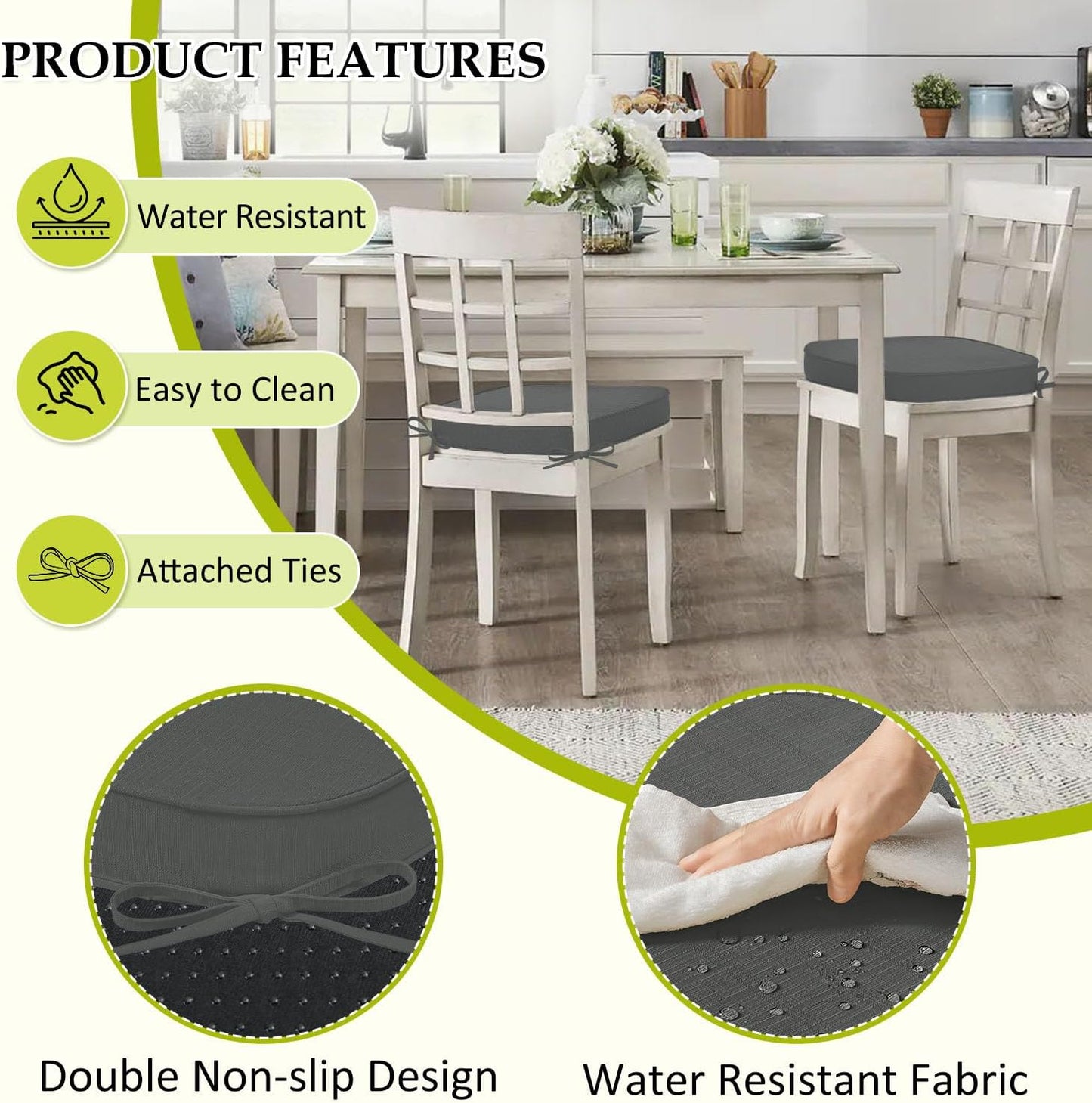 Chair Cushions for Dining Chairs, Indoor Chair Cushions with Ties，Waterproof Chair Pads Set of 6, Dark Grey, 17x16x2.5 Inch