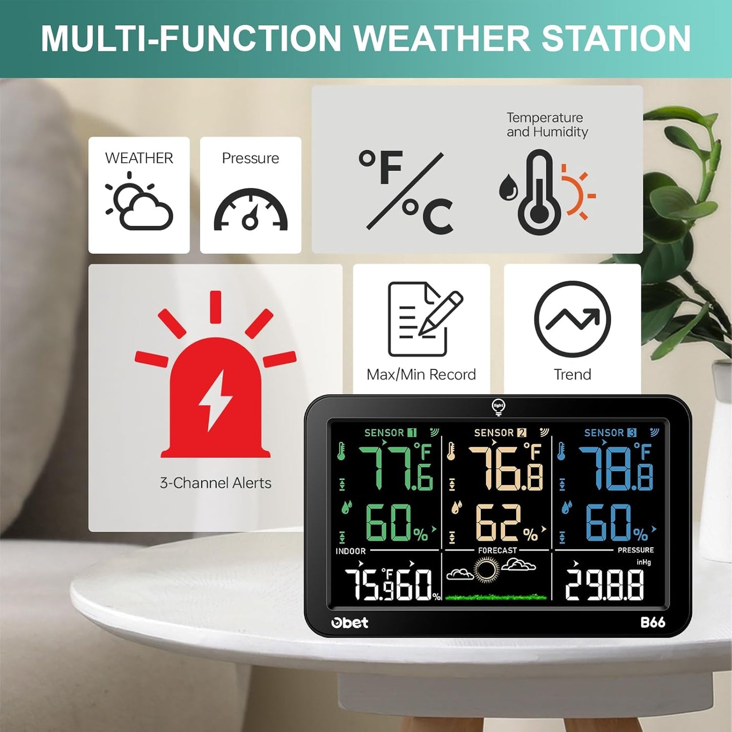 OBET Weather Station Wireless Indoor Outdoor Thermometer with 3 Sensors, Temperature Humidity Monitor with Alerts 500ft Range and 3 Adjustable Brightness