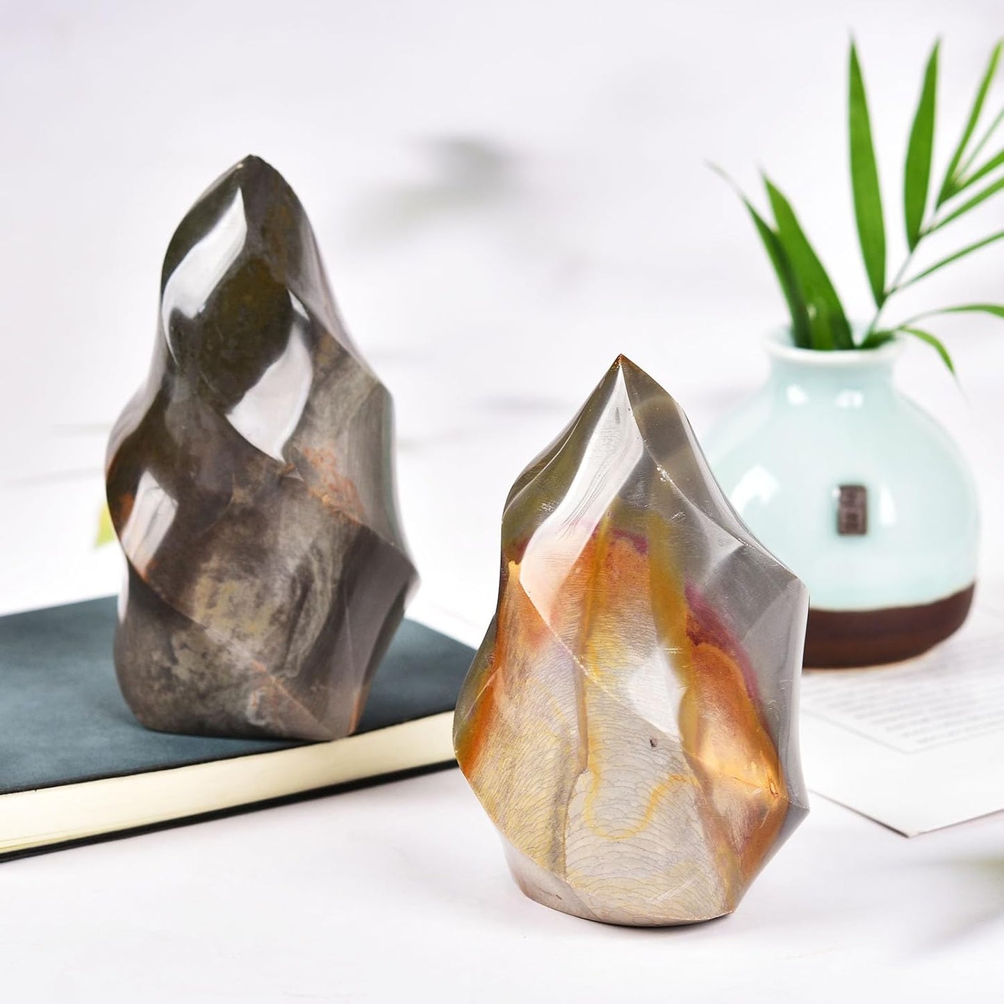 AMOYSTONE Polychrome Jasper Flame Shaped Stone Towers Obelisk Natural Healing Crystal Quartz Reiki Energy Decoration Home Office 0.6-1.0LBS