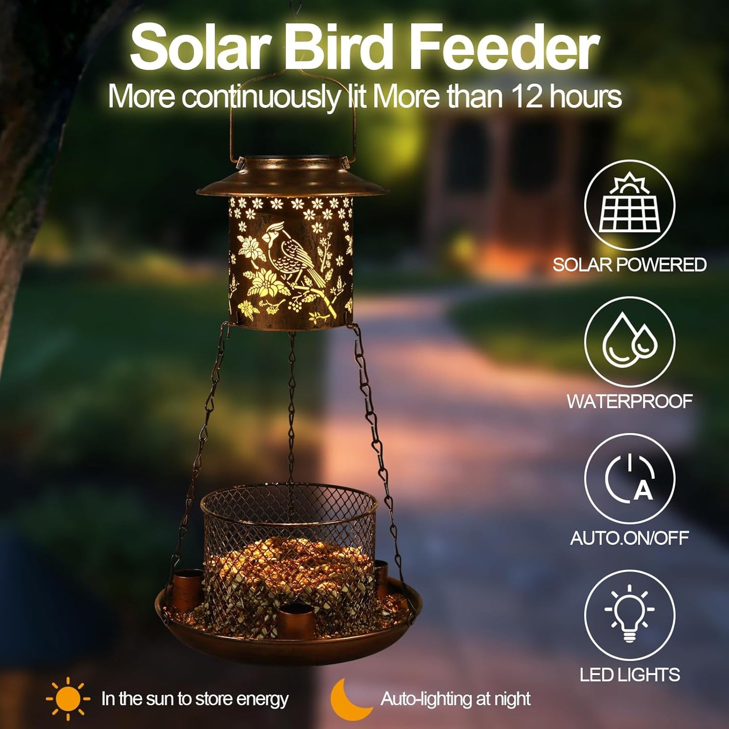 Cardinal Bird Feeder for Outdoor Gifts for Women Mom Grandma Hanging Metal Wild Birdfeeder Garden Solar Lantern Decor Lanterns Outside for Yard Patio Lawn Pathway Landscape