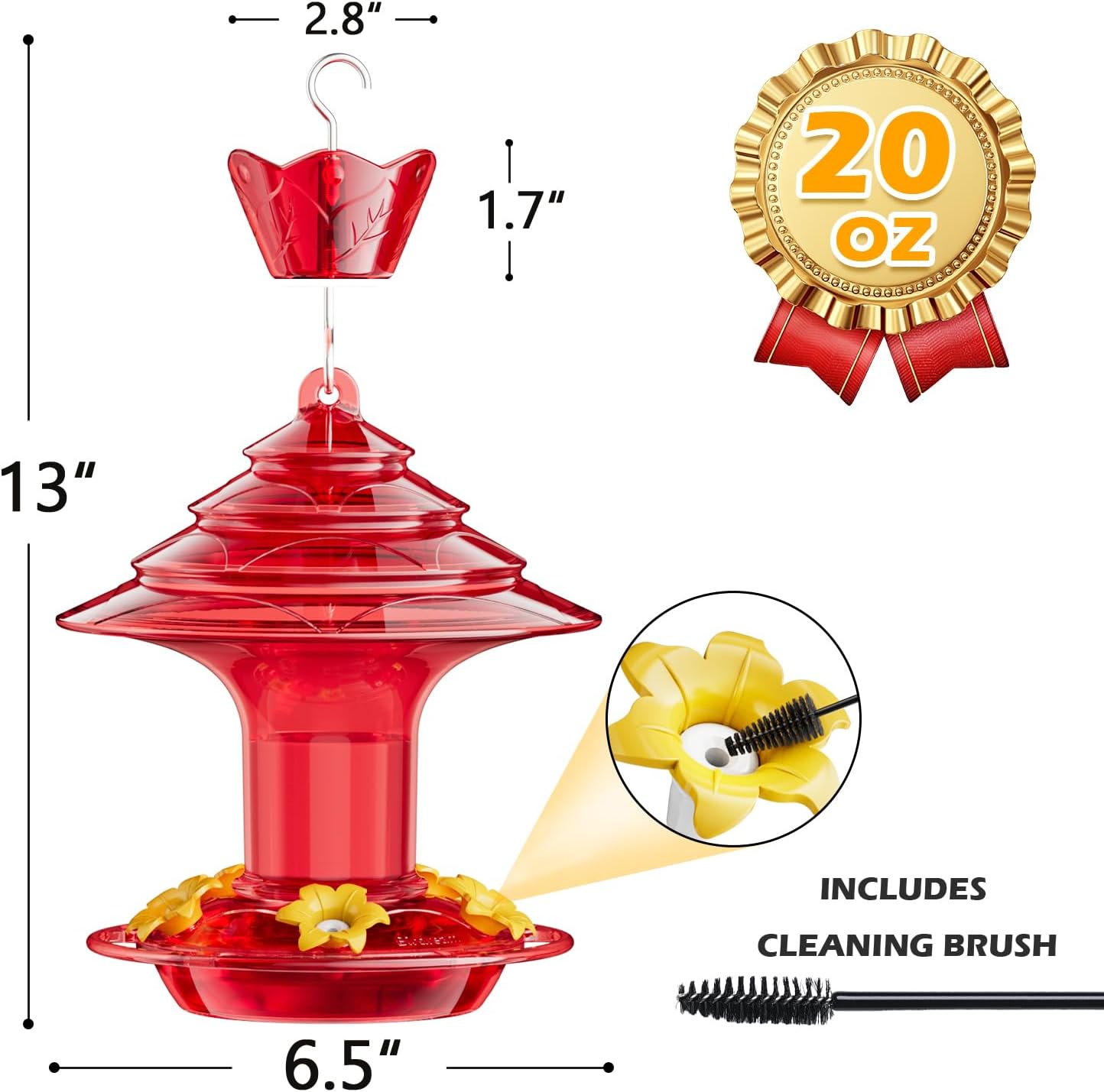 Birdream Hummingbird Feeder for Outdoors Hanging 40oz 10 Feeding Ports, 2 Pack Humming Bird Feeder with Ant Moat Brush Leak Proof - Solid Red
