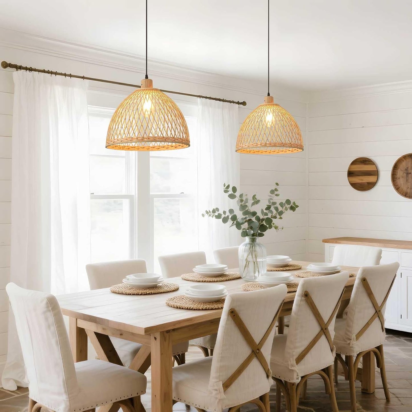 Hand-Woven Rattan Pendant Light, 16 Inch Boho Wicker Lights Fixture Wite Adjustable Cable, Coastal Hanging Lighting for Kitchen Island Dining Room Living Room Entrance Foyer