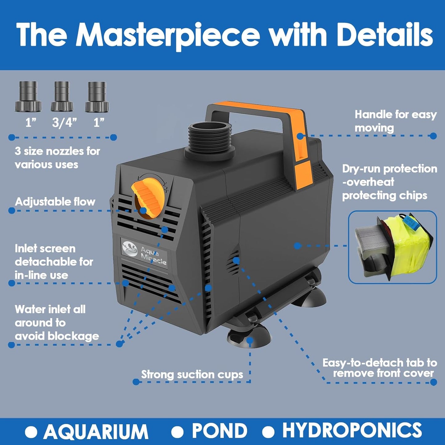 AquaMiracle 1200GPH Submersible Water Pump Pond Pump(4500L/H, 70W), Water Fountain Pump Aquarium Water Pump with Flow Control for Fish Tank, Waterfall, Statuary, Filtration, Water feature, Hydroponics