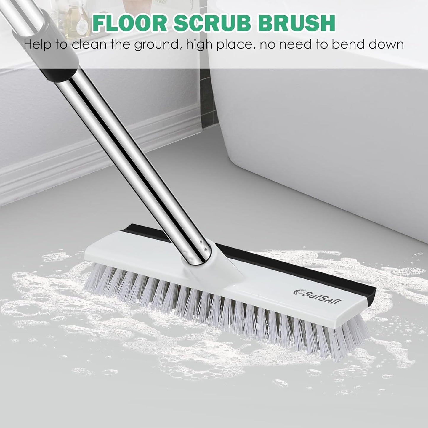 SetSail Floor Scrub Brush with 51-Inch Long Adjustable Handle 2 in 1 Scrape Brush Stiff Bristle Floor Scrubber for Cleaning Shower Bathroom Garage Kitchen Wall Deck Tub Tile, 2 Pack