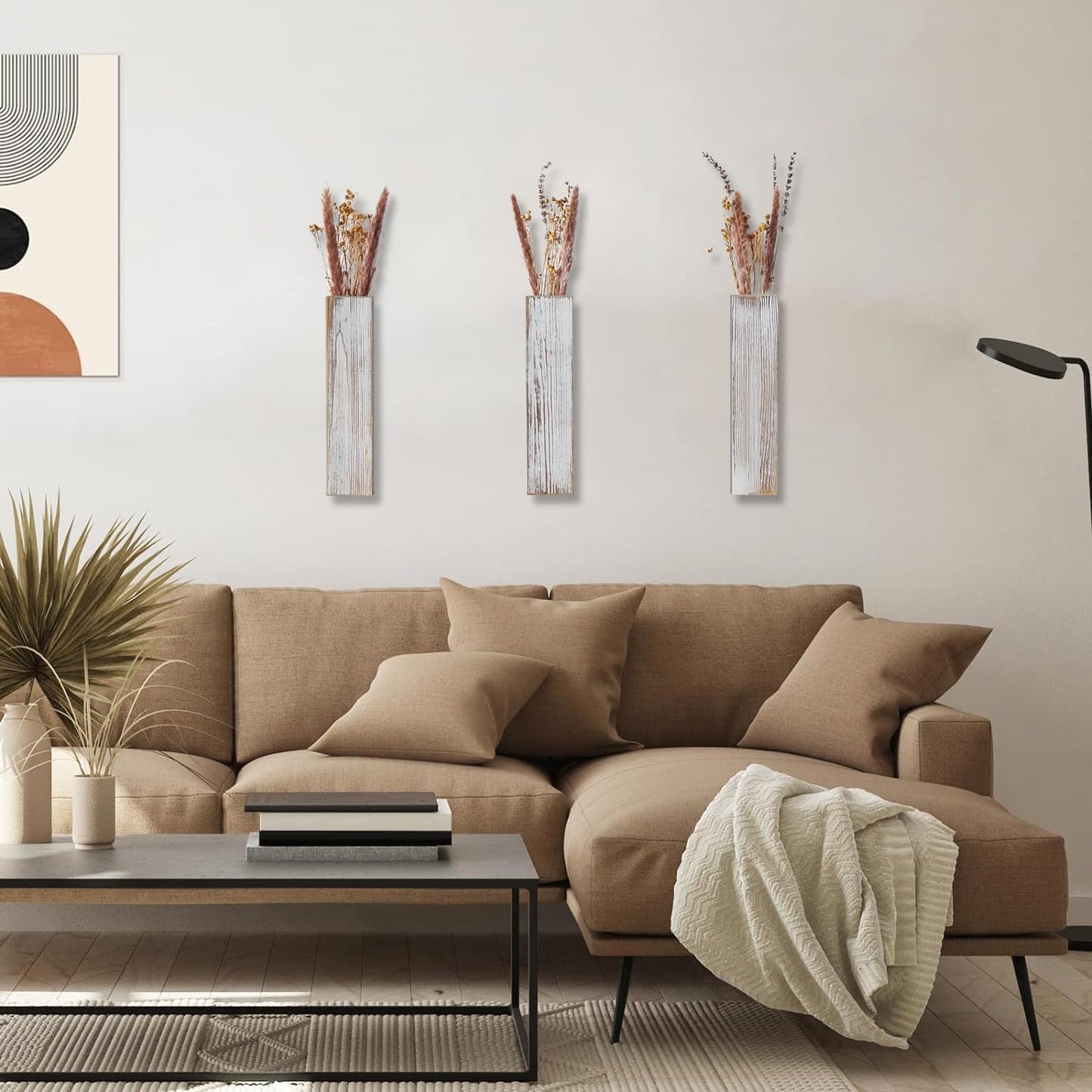 Wooden Wall Planter Set of 3 - Modern Home Decor for Living Room, Bedroom, Bathroom - Vintage Finish Planter for Dried Flowers, Faux Greenery, Indoor Plants