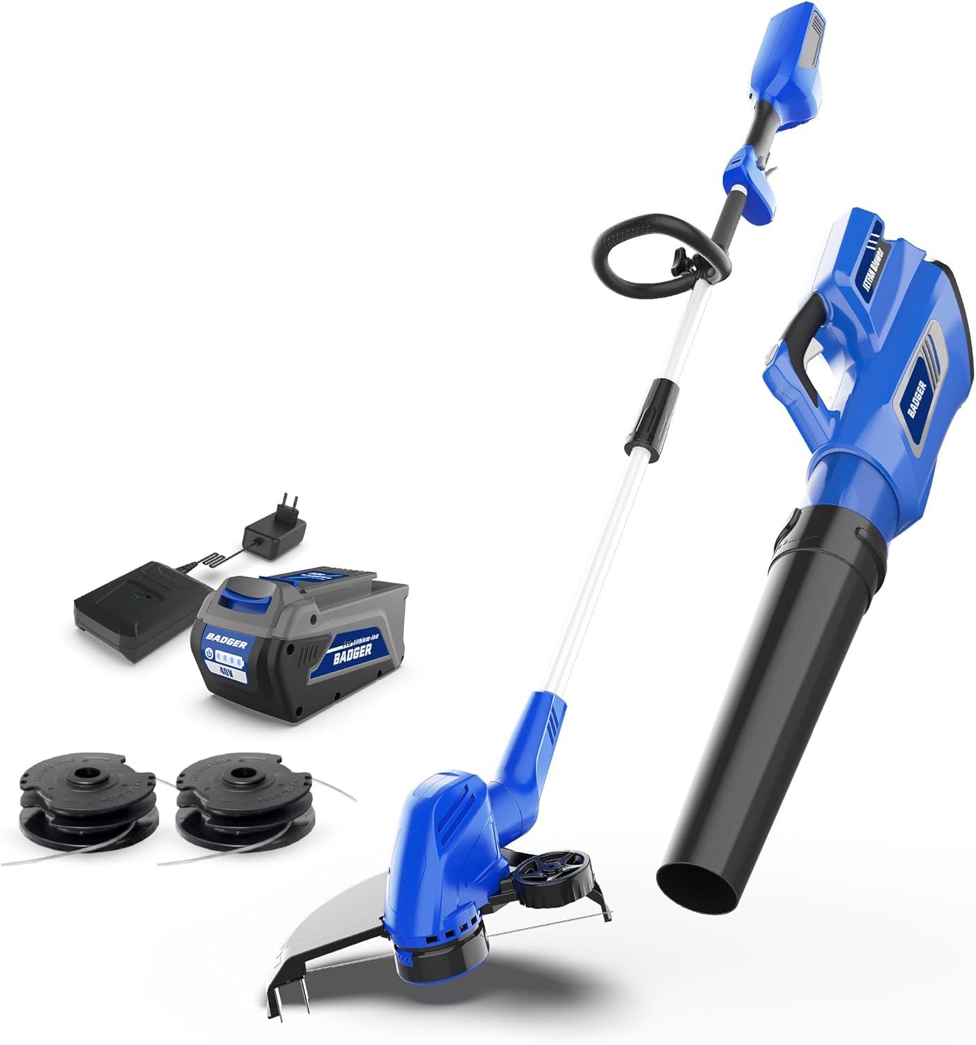 WILD BADGER POWER 40V Weed Wacker & Leaf Blower, Wheeled Edger Kit Electric with 2Ah Battery & Charger, String Trimmer, Lightweight, Adjustable Telescopic Shaft, Easy to Use and Convert