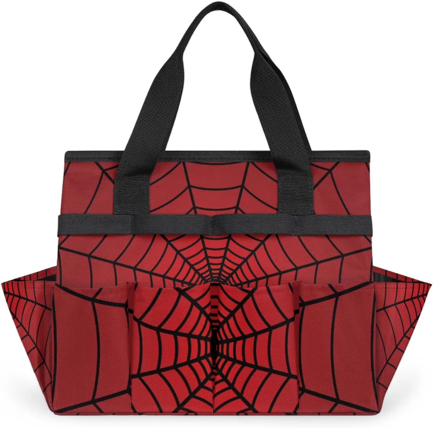 Spiders Web Red Gardening Tool Bag,Heavy Duty Garden Tote Bag,Portable Oxford Gardening Storage Basket Organizer Handbag with Pockets Handle,Hand Tools Gifts for Outdoor Garden Lawn