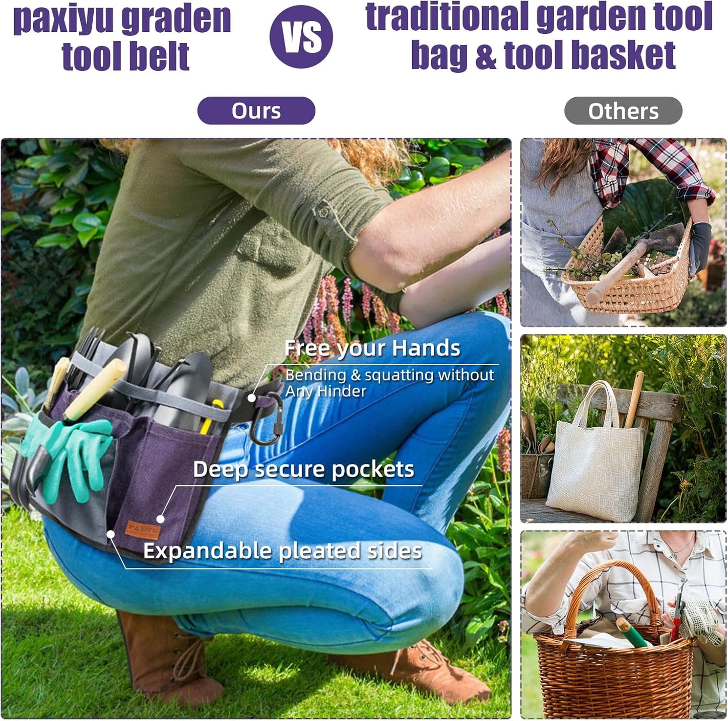 Garden Tool Belt for Men & Women, Denim Wide Adjustable 5-Pocket Waist Tool Apron - Heavy Duty Tool Pouch for Gardening, DIY, Carpenter, Woodworking, Painting, Seamstress, and Crafts (Purple)