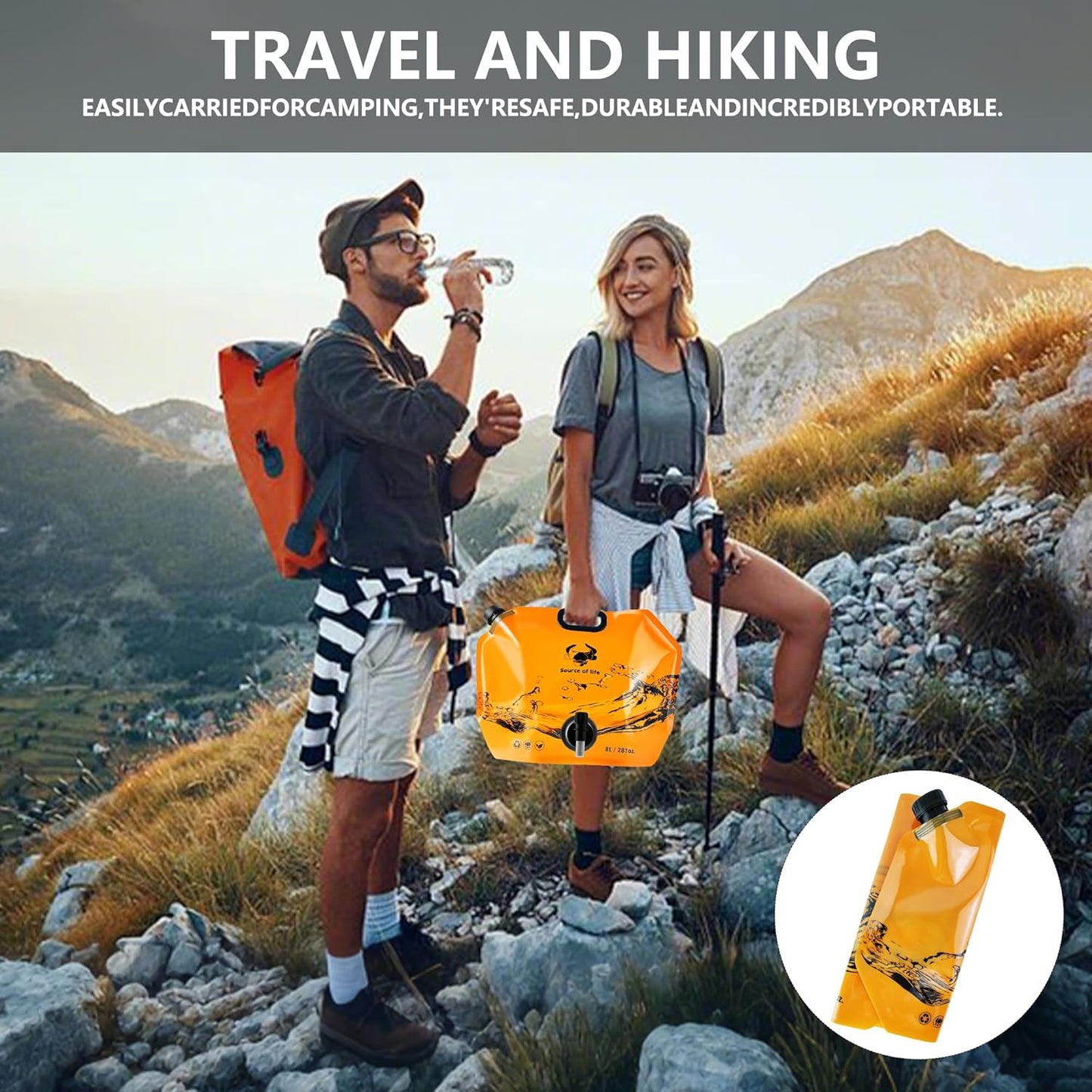 Collapsible 8L Water Storage Bag, BPA-Free Portable Folding Water Jug with Adjustable Faucet, Leakproof Emergency Water Bag for Camping, Hiking, Riding, Outdoor Sport (Blue & Orange 4)