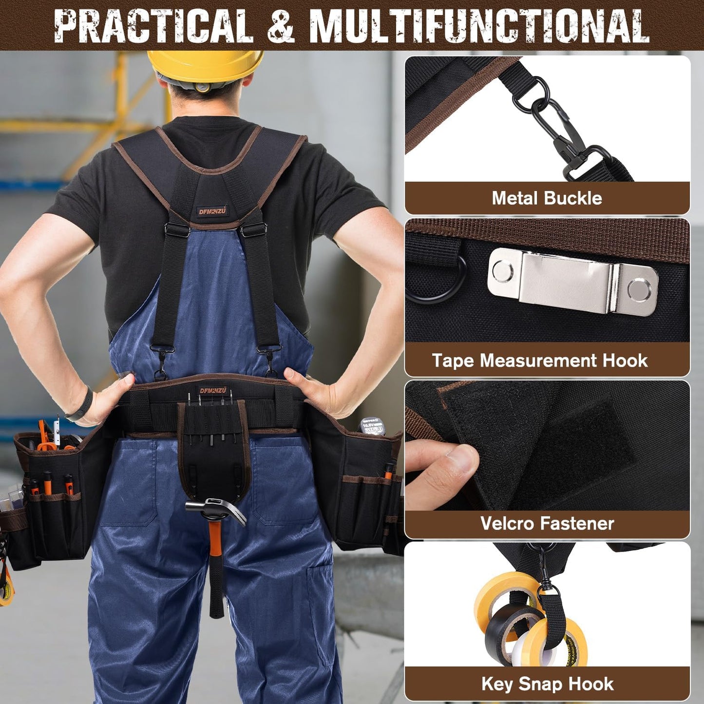 Tool Belts for Men, 36 Pockets Tool Belt with Suspenders, Heavy Duty Tool Belt Suspenders with Detachable & Adjustable Tool Pouches Bag for Electrician, Carpenter, Construction, Framers(35"-61")
