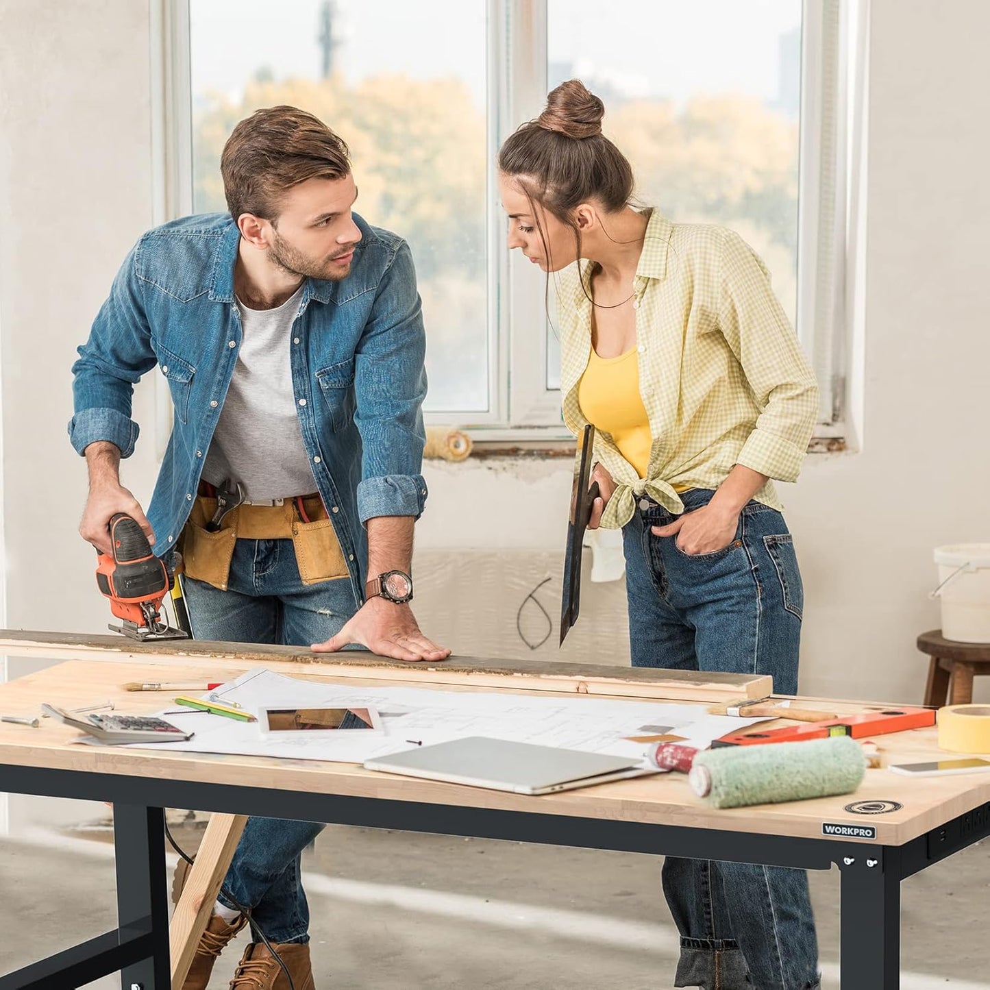 WORKPRO 60" Adjustable Workbench, Rubber Wood Top Heavy-Duty Workstation, 2000 LBS Load Capacity Hardwood Worktable with Power Outlets, for Workshop, Garage, Pack of 2