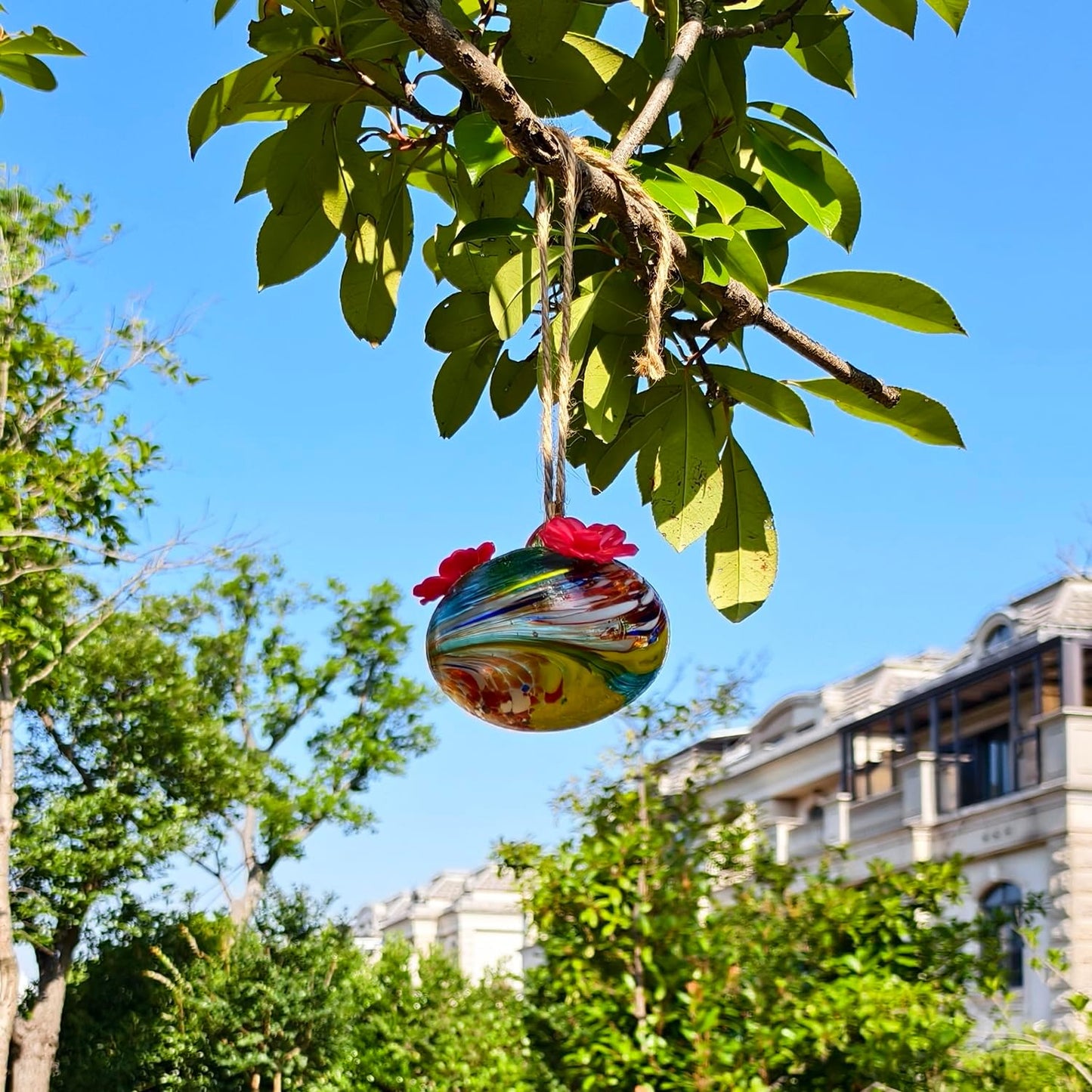 Small Glass Hummingbird Feeders for Outdoors Hanging - Hand Blown Glass Ball Nectar Feeding, Multi Color with 3 Flowers Feeding Ports, Decor for Garden/Backyard Outside