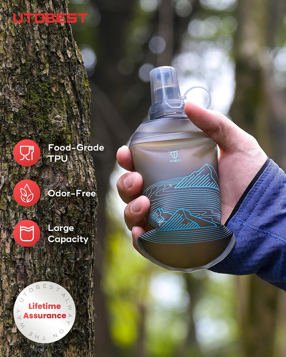 UTOBEST 200ml Soft Flask, 2 Pack Flexible TPU Hydration Water Bottle, Collapsible with 28mm Caliber for Running, Hiking, Cycling, Climbing, and Marathon Blue