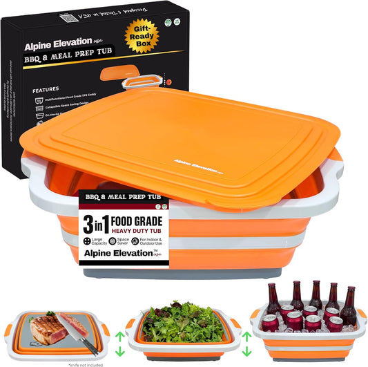 Collapsible X-Large (16L) BBQ Marinating Tub w/Cutting Board | Multipurpose Food-Grade TPE Prep Tub w/Lid | Built-in Colander & Drain Plug - for Camping | Tailgate | Picnic - Bold Orange