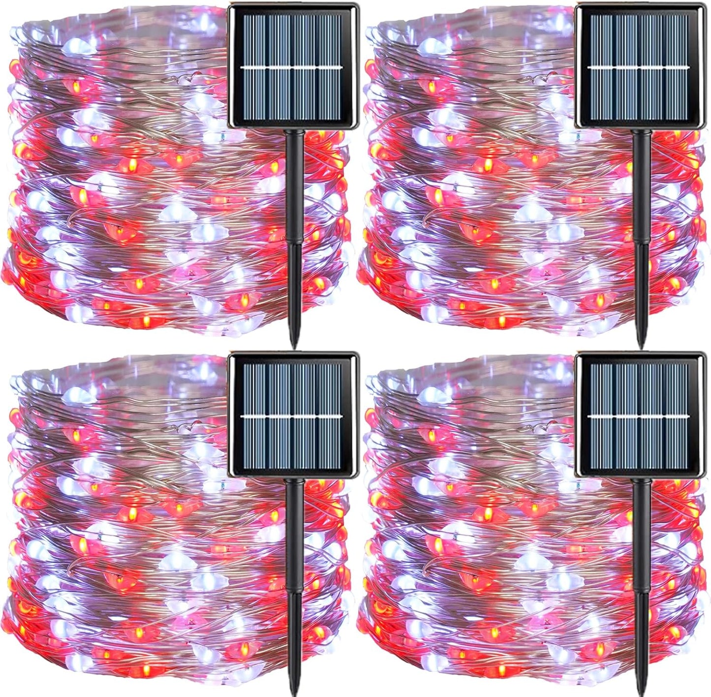 YEGUO Solar Fairy Lights Outdoor Waterproof, 4 Pack Each 33ft 100 LED String Lights, 8 Modes Silver Wire Solar Outdoor Lights (Red and White)