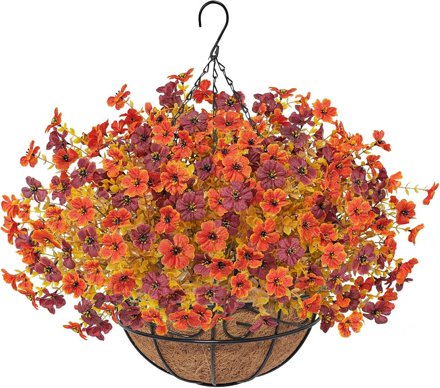 Fall Artfiticial Hanging Flowers Baskets for Outdoors, UV Resistant Fake Fall Hanging Plants, Faux Orange Flowers for Autumn Home Patio Garden Front Porch Balcony Decor (Orange Red)