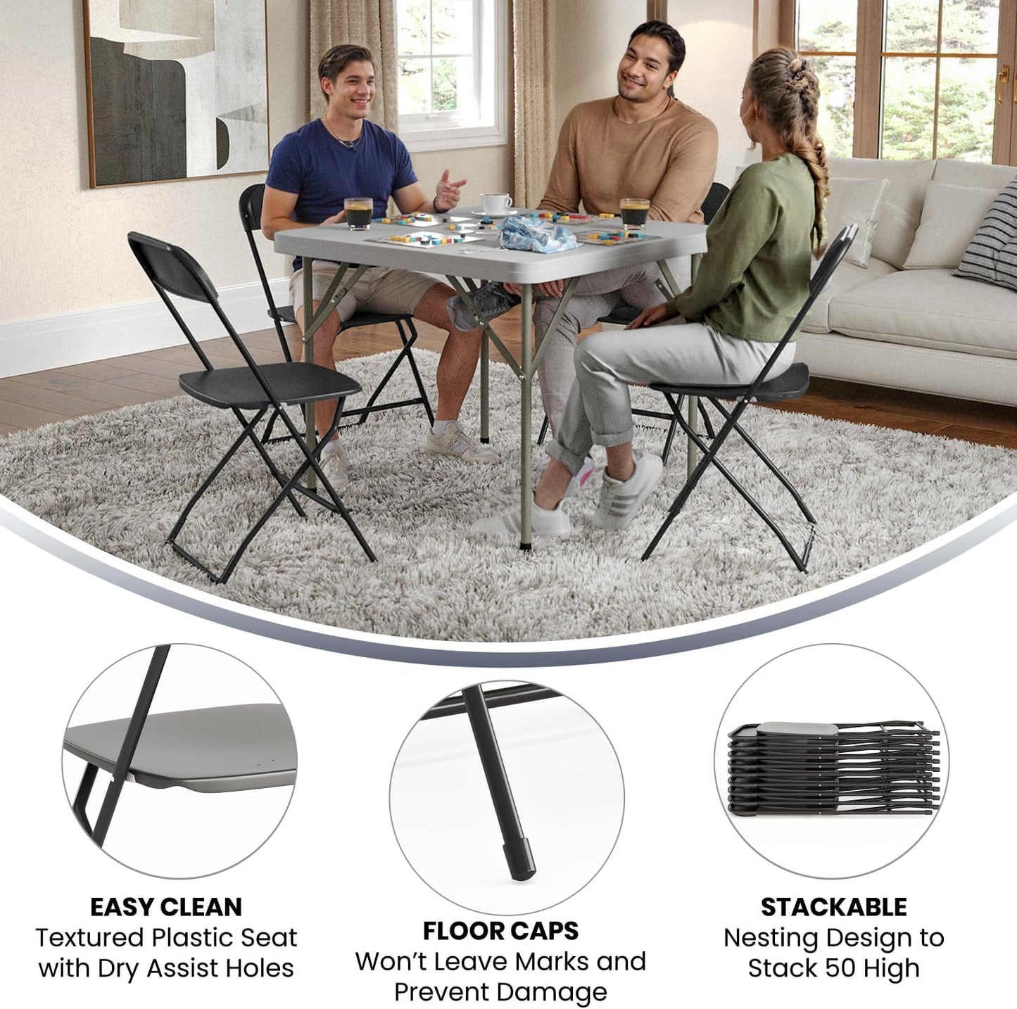 Flash Furniture Hercules Series Plastic Folding Chairs for Parties and Weddings, Stackable Commercial Event Seats with 650-lb. Static Weight Capacity, Set of 6, Black