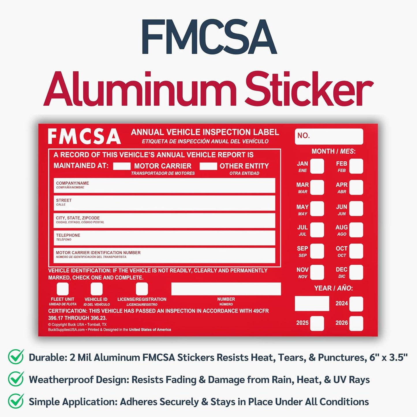 50 Pack 3-Ply Carbonless Annual Vehicle Inspection Report Forms with FMCSA Red Aluminum Labels & White Mylar Laminate Vinyl Labels, DOT Inspection Forms and Stickers, Shrink-Wrapped, 8.5" x 11.75"