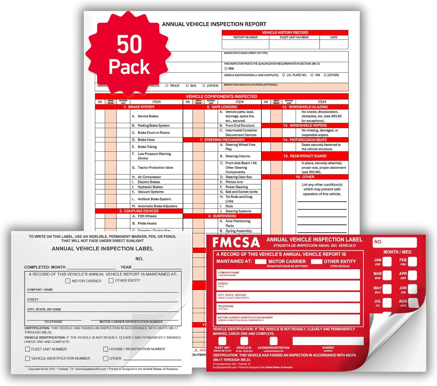 50 Pack 3-Ply Carbonless Annual Vehicle Inspection Report Forms with FMCSA Red Aluminum Labels & White Mylar Laminate Vinyl Labels, DOT Inspection Forms and Stickers, Shrink-Wrapped, 8.5" x 11.75"