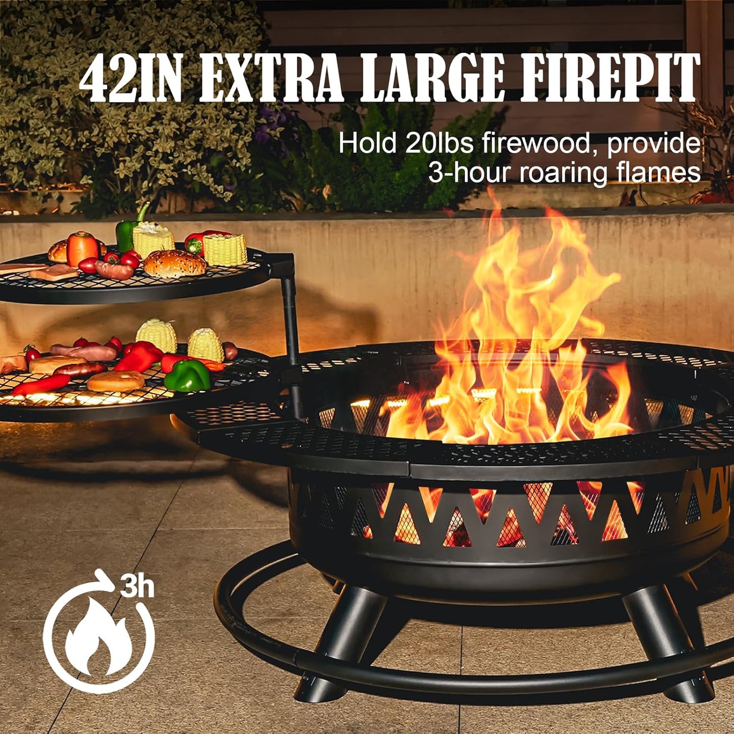 42 Inch Fire Pit with 2 Grills, Large Outdoor Firepits for Outside, Wood Burning Fireplace for Camping,Picnic,Bonfire, 3-in-1 Round Metal Table with Lid for Backyard,Patio,Party