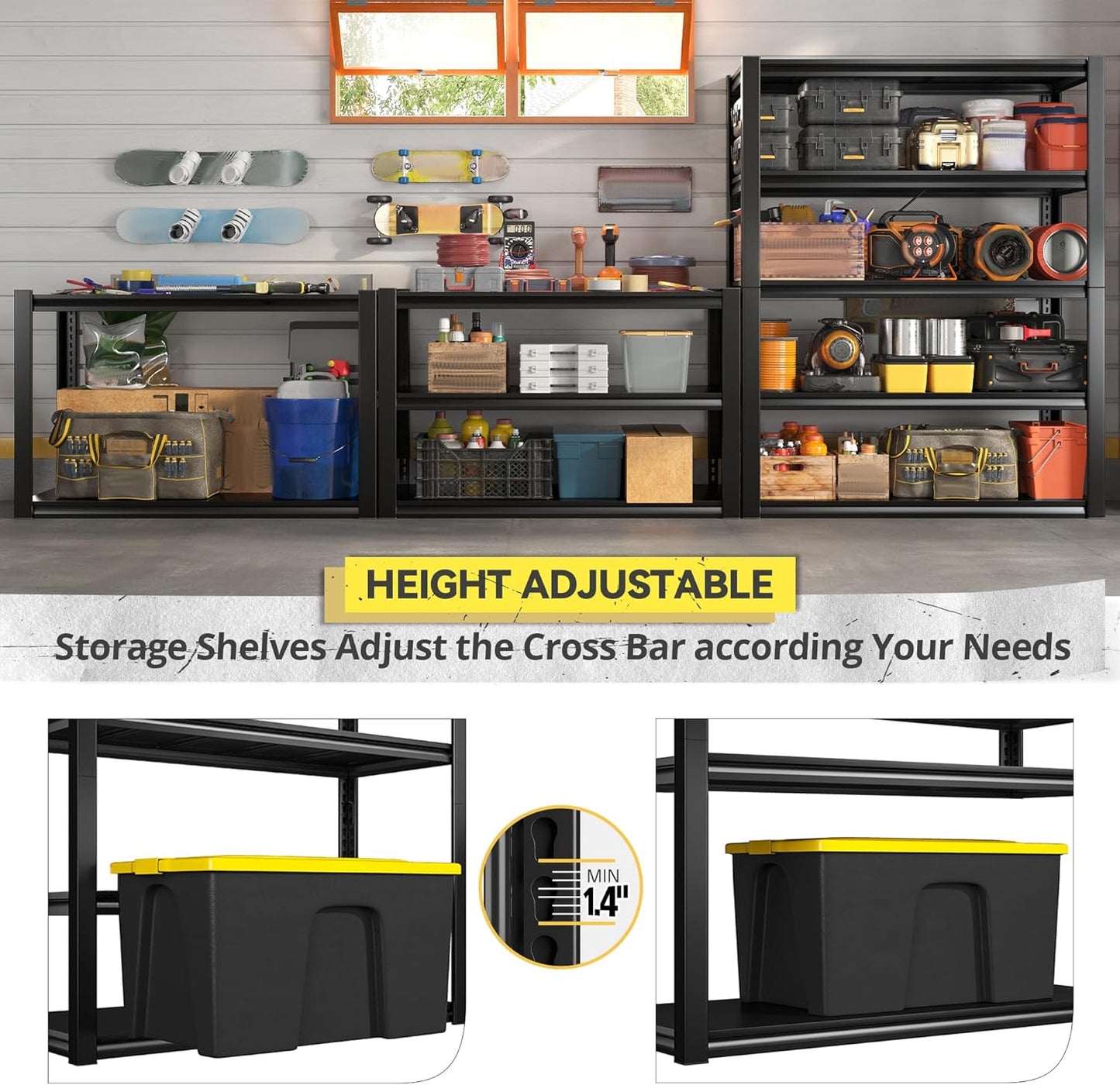 REIBII Garage Shelving Heavy Duty Garage Storage Shelves, Extra Large Adjustable Storage Rack with 5 Tier Metal Shelving Unit, 2500LBS Loads Heavy Duty Shelf, Easy Assembly, 2 Pack