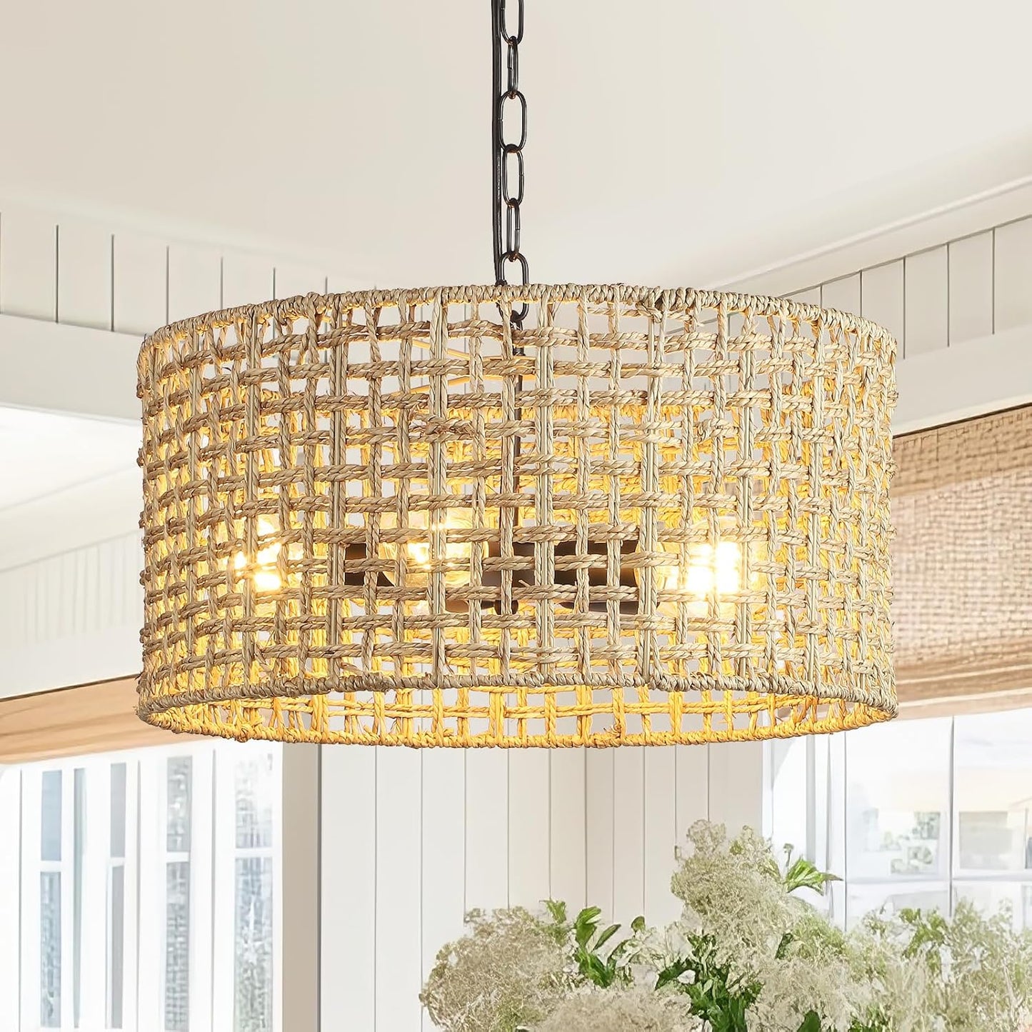 17.7" Rattan Dining Room Light fixtures, 5-Light Hand Woven Pendant Lights Kitchen Island Rattan Boho Chandelier Bohemian Hanging Ceiling Lights Wicker Lighting for Restaurants Living Room