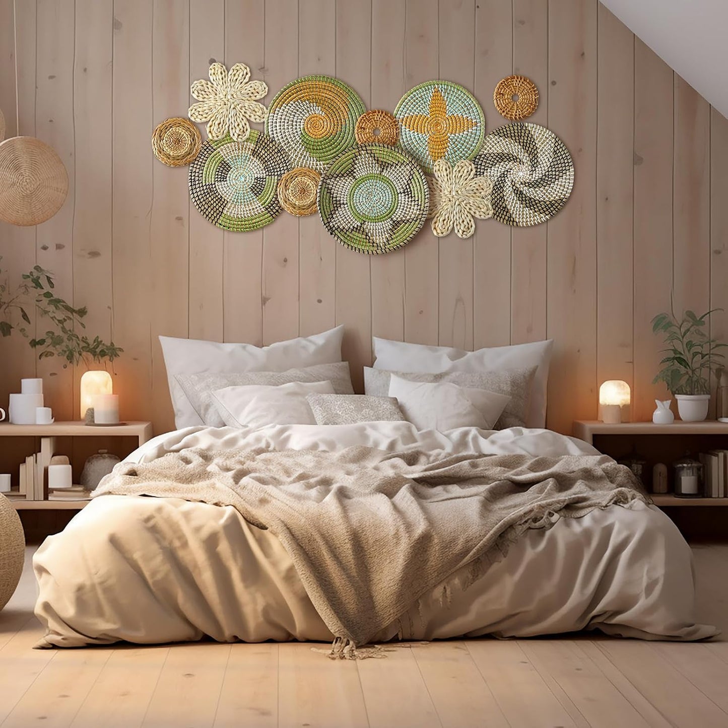 Tatuo 11 Pcs Boho Wall Basket Decor Decorative Bulrush Woven Basket Wall Decor Art Round Farmhouse Hanging Baskets for Kitchen Rustic Home Summer Decorations, Multi Sizes(Stylish)