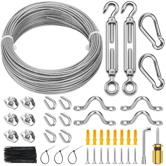 120Ft 1/16" Stainless Steel Wire Rope Kit, Vinyl Coated Cable, Turnbuckles for Tension Clothesline Outdoors, Hooks for String Light Hanging, Shade Sail Hardware