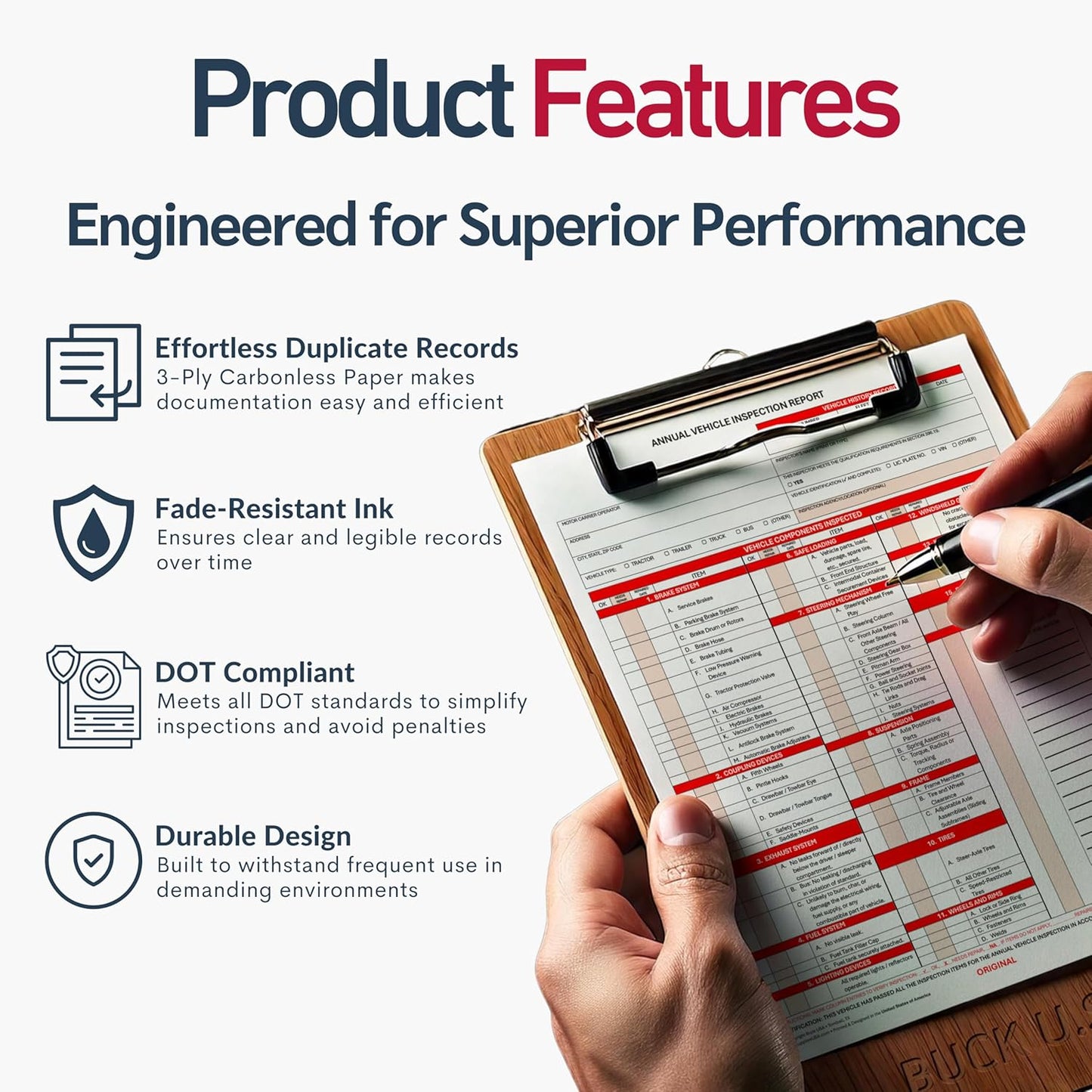 5 Pack 3-Ply Carbonless Annual Vehicle Inspection Report Forms with FMCSA 2-Ply Mylar Laminate Adhesive Vinyl Labels, DOT Inspection Forms and Stickers, Shrink-Wrapped, 8.5" x 11.75" - Made in USA