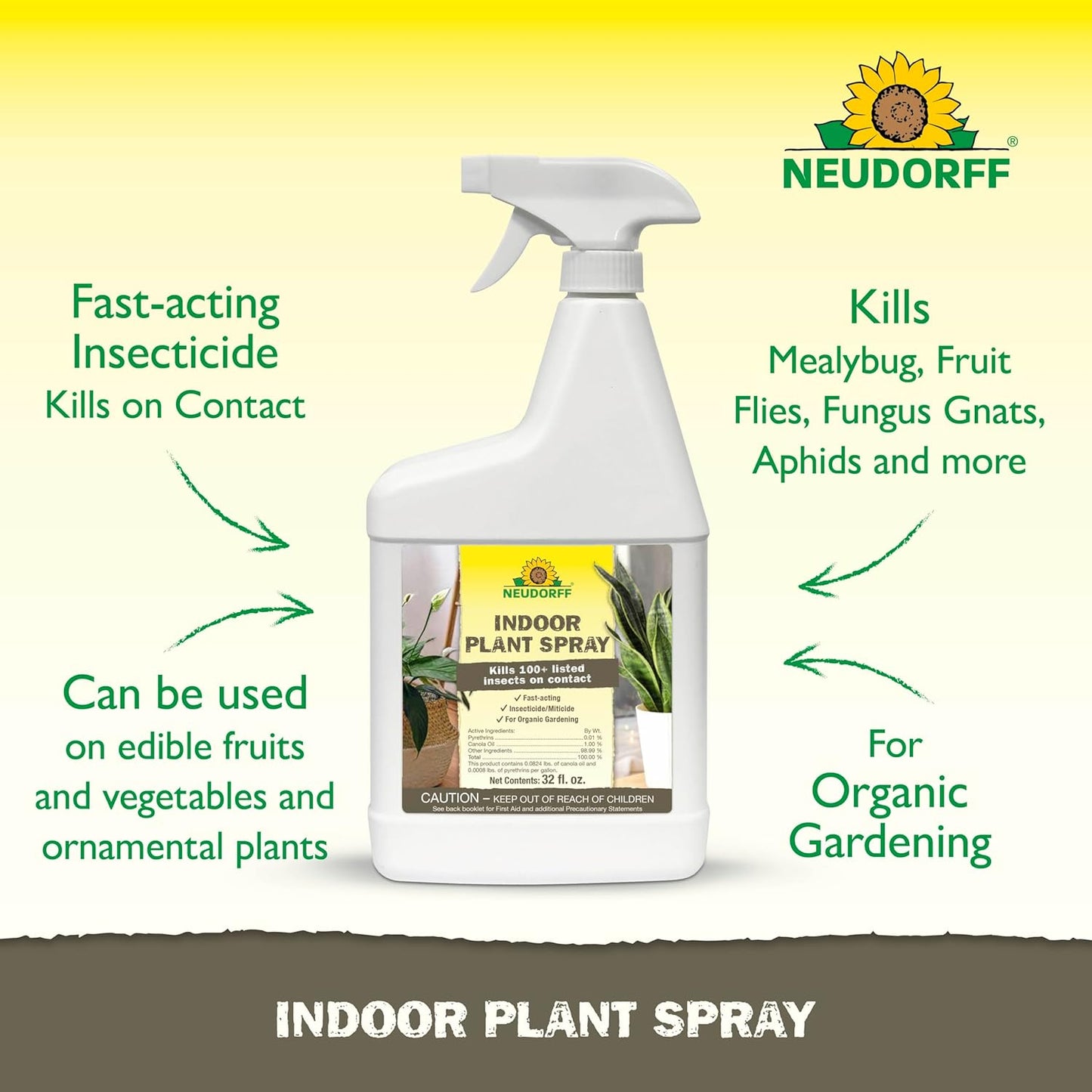 Indoor Plant Spray for House Plants & Greenhouse, Kills Spider Mites, and Scale and 100+ Listed Insects on Contact for Organic Gardening, Contact Insecticide, Ovicide (32 oz)