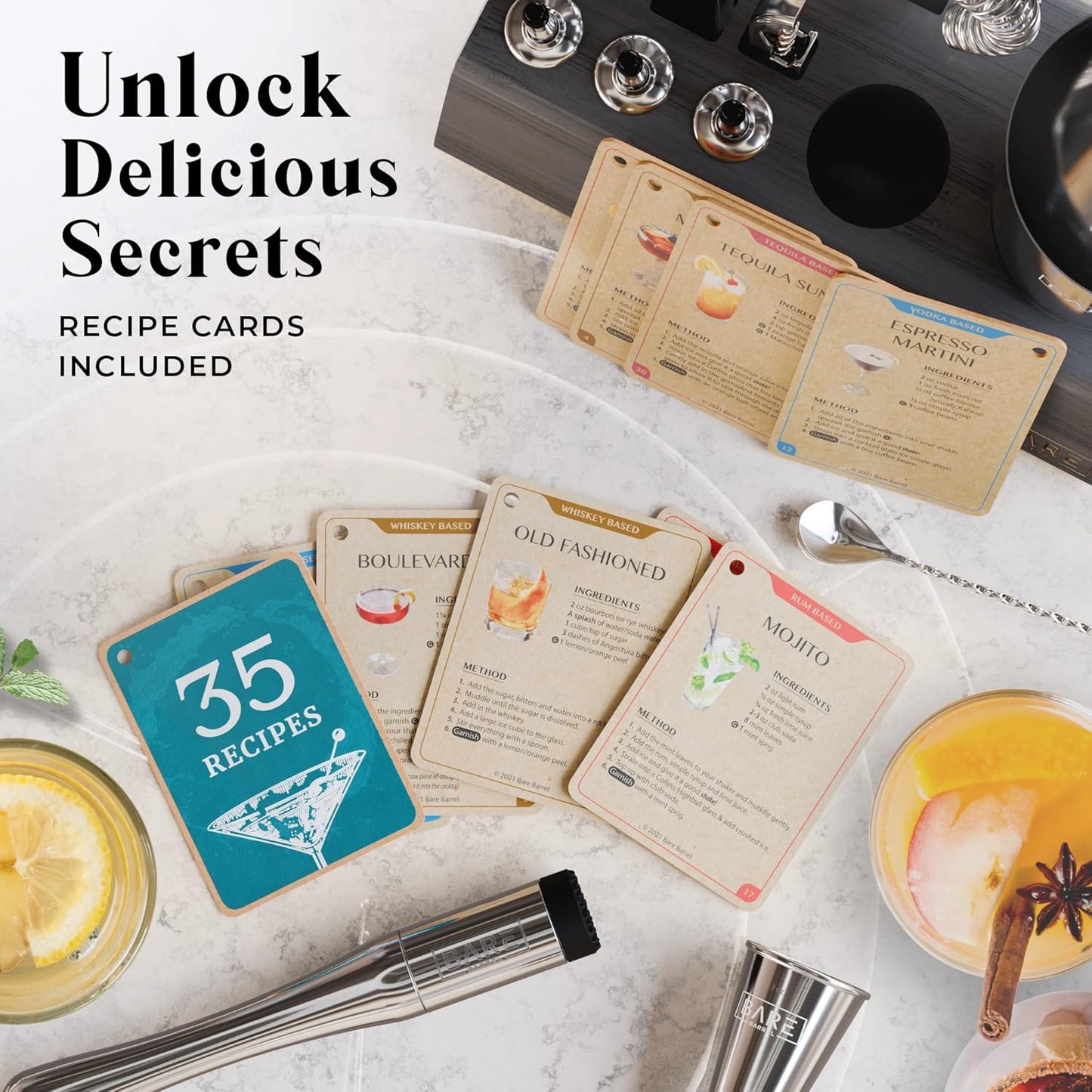 BARE BARREL® Mixology Bartender Kit Bar Set | 14-Piece Cocktail Shaker Set | Martini Barware Mixing Tools for Home Bartending | Incl. 35 Recipe Cards | Gift Set (28oz Boston Shaker, Silver/Black)