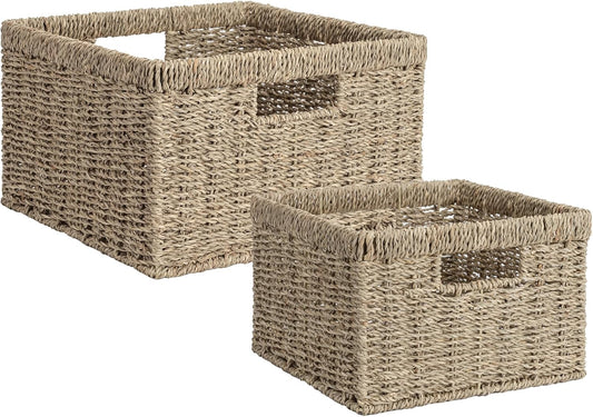 StorageWorks Wicker Storage Baskets, Large and Small Baskets, Handwoven Seagrass Basket for Organizing, Decorative Wicker Baskets with Built-in Handles, Set of 2