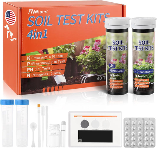 AAwipes Soil Test Kit 4-in-1 for pH, Nitrogen, Phosphorus & Potassium - 40 Soil Testing Kits Upgraded Accurate Nutrient Tester for Garden, Yard, Lawn & Plant Care with Sampling Accessories (J04-40)
