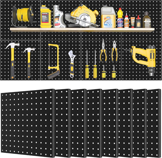 Pegboard Panels 8 Packs Metal Black, Heavy Duty Steel Peg Boards Wall Tool Organizer with Screw for Garage, Tool Storage, Office Organization, Craft Room, Kitchen