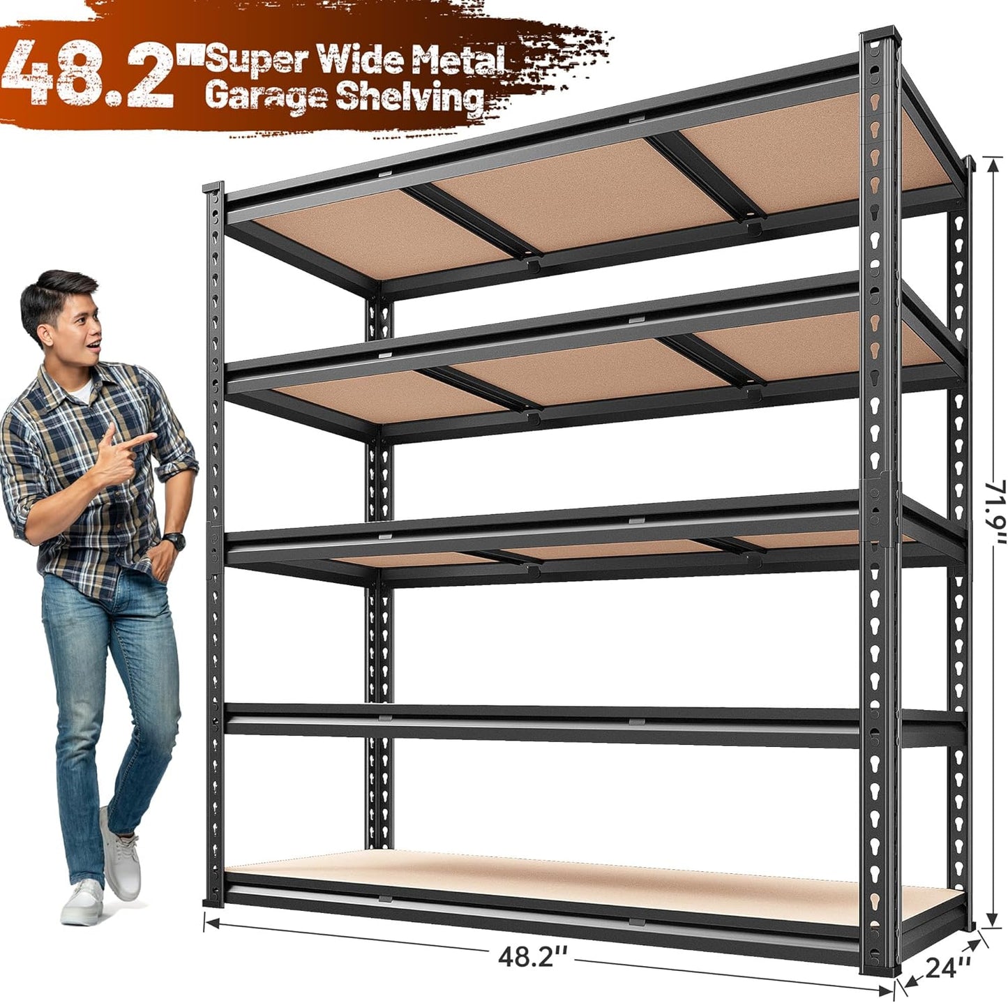 REIBII 48.2" W Garage Shelving, Storage Shelves Load 3000LBS, Adjustable Garage Shelving Heavy Duty for Pantry, Basement, Warehouse, 48.2" W X 71.9" H X 24" D, Black