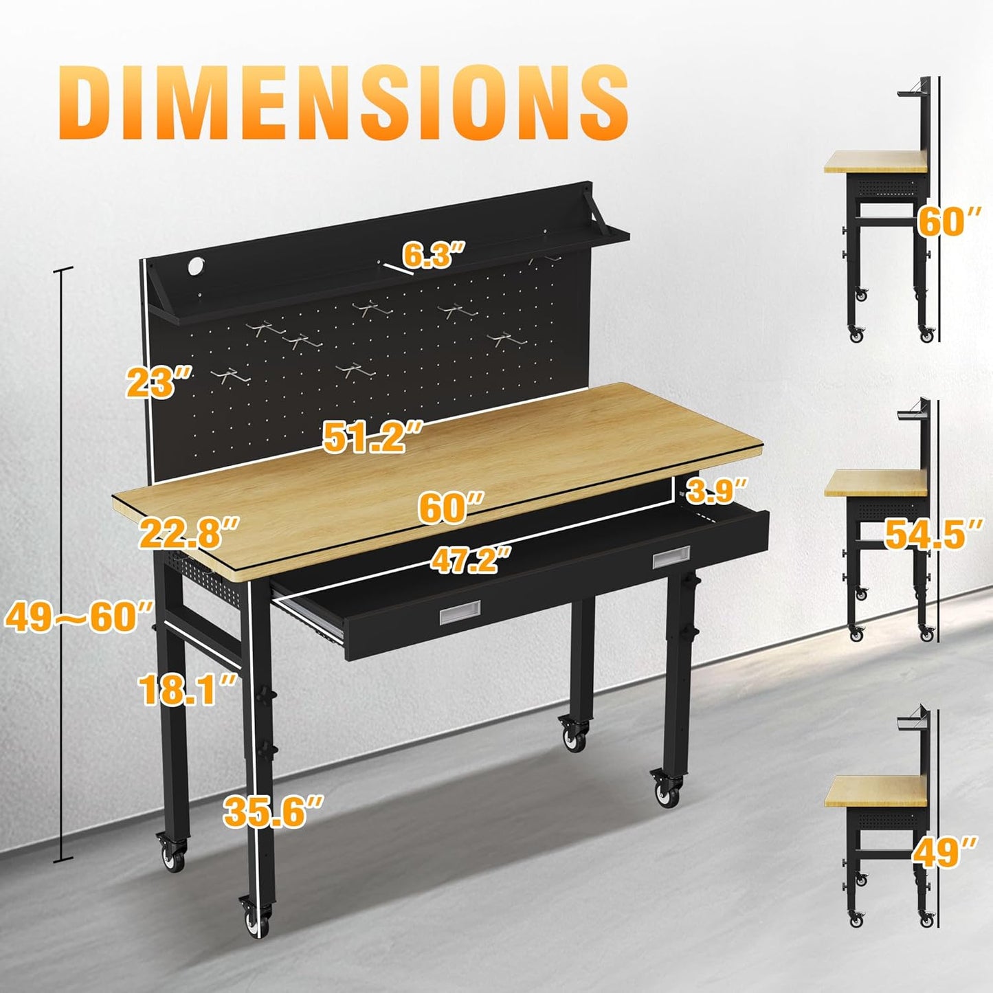 TITIMO 60" Adjustable Workbench with Drawers, Work Benches for Garage with Pegboard, 2000 LBS Heavy Duty Rubber Wood Tabletop with Power Outlet, Rolling Work Table with Wheels for Workshop, Office