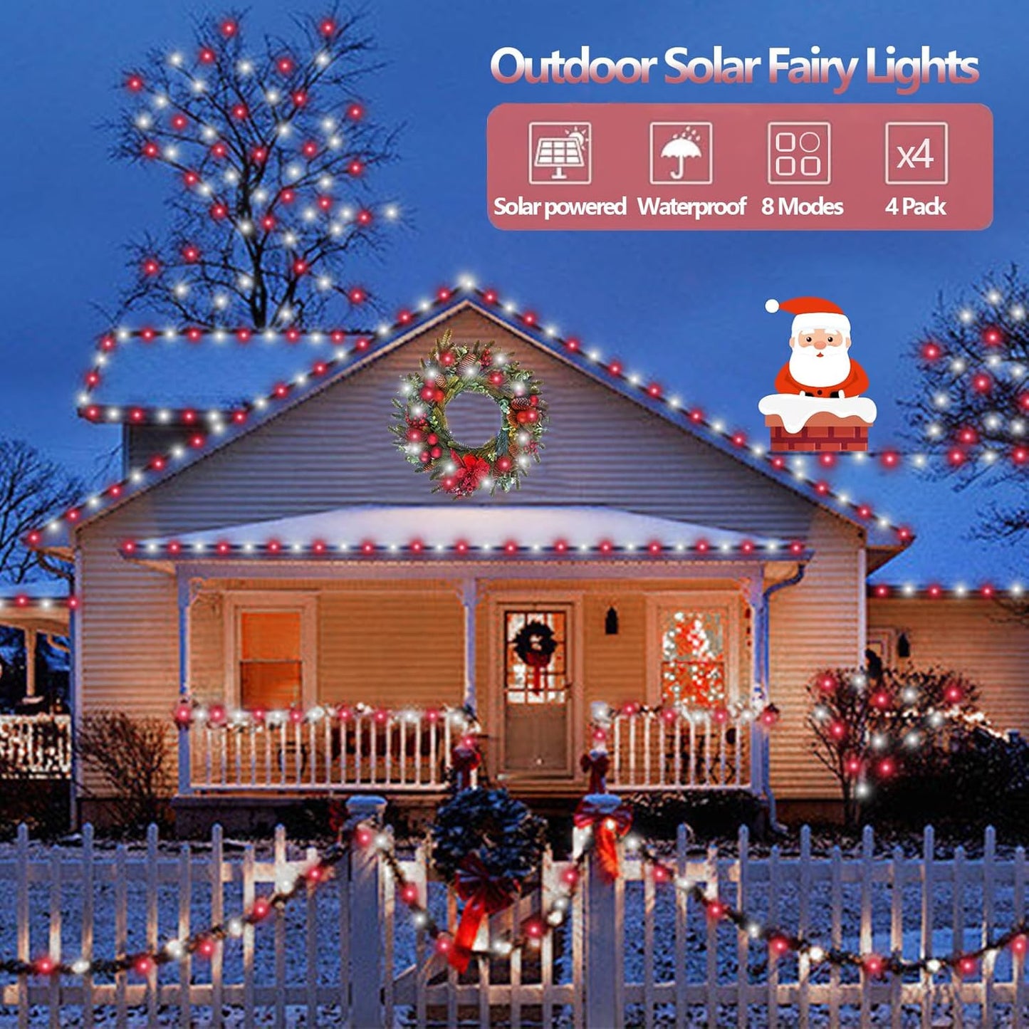 YEGUO Solar Fairy Lights Outdoor Waterproof, 4 Pack Each 33ft 100 LED String Lights, 8 Modes Silver Wire Solar Outdoor Lights (Red and White)
