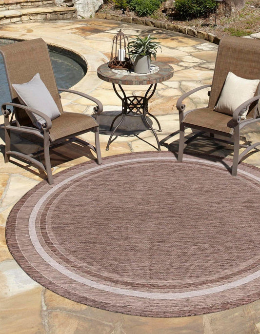 Unique Loom Outdoor Border Collection Area Rug - Soft Border (5' 3" Round Brown/Ivory)